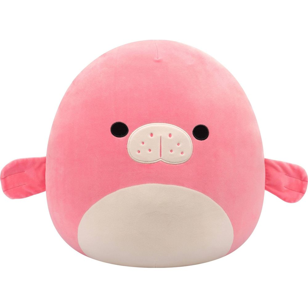 Une peluche Squishmallow rose avec des oreilles et un ventre blanc.