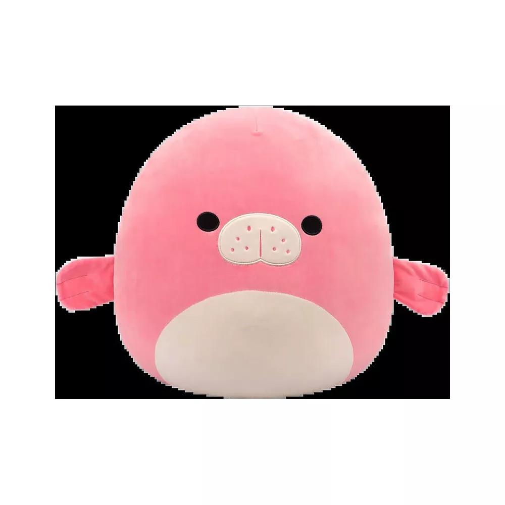 Un phoque en peluche rose avec des yeux noirs et un museau plus clair.