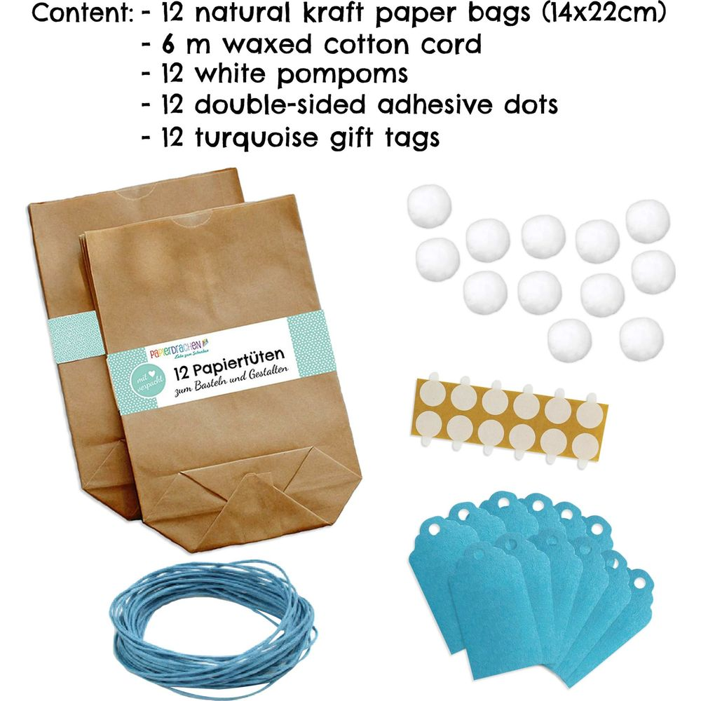 Set creativo con 12 sacchetti di carta, corda, pompon, punti adesivi ed etichette.