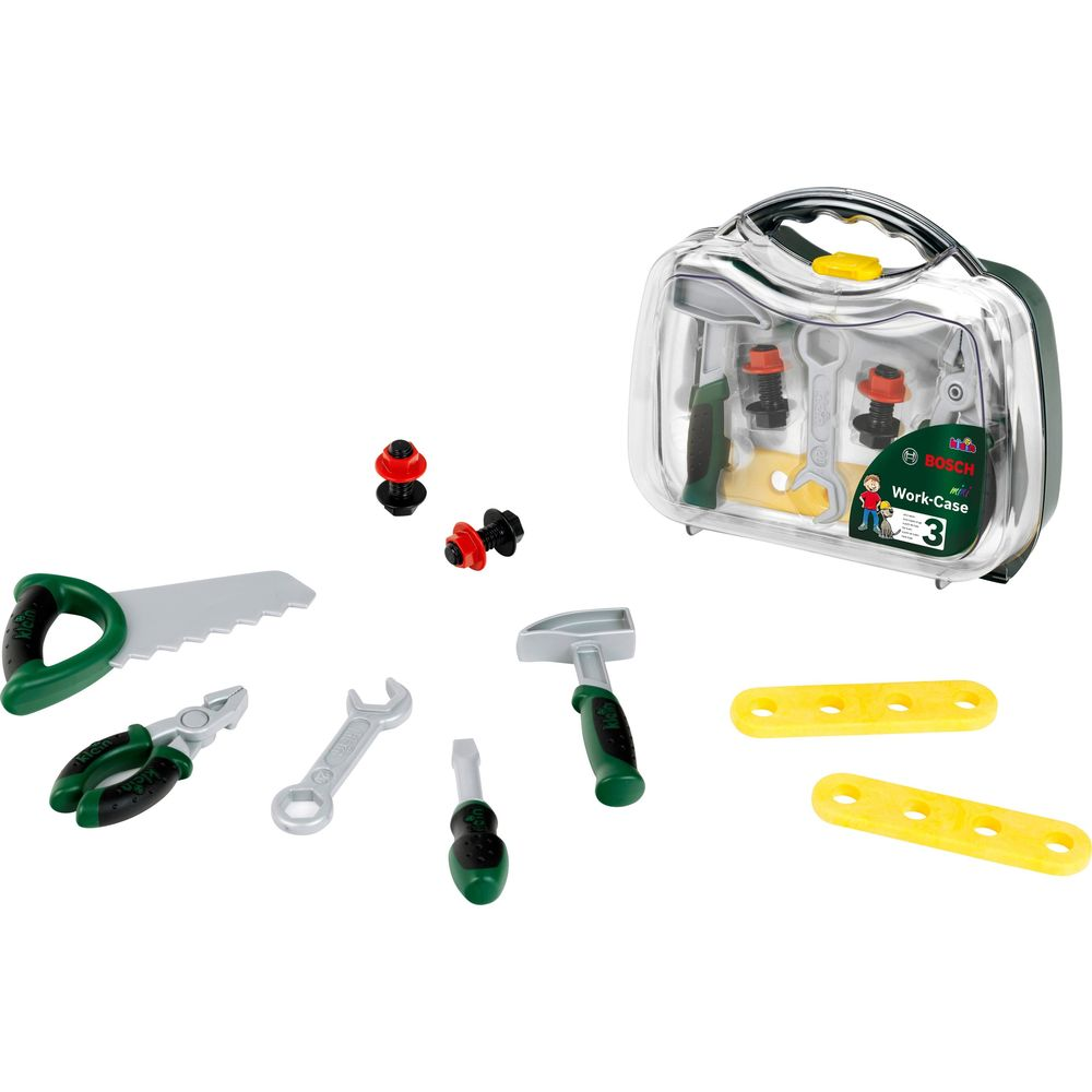 Spielzeug Werkzeugkasten mit Säge, Schraubendreher, Zange, Schraubenschlüssel und Bolzen.