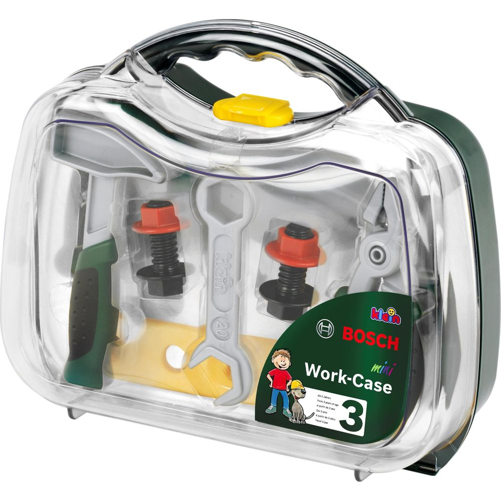 Werkzeugkasten mit Spielzeugwerkzeugen, Schrauben und Muttern.