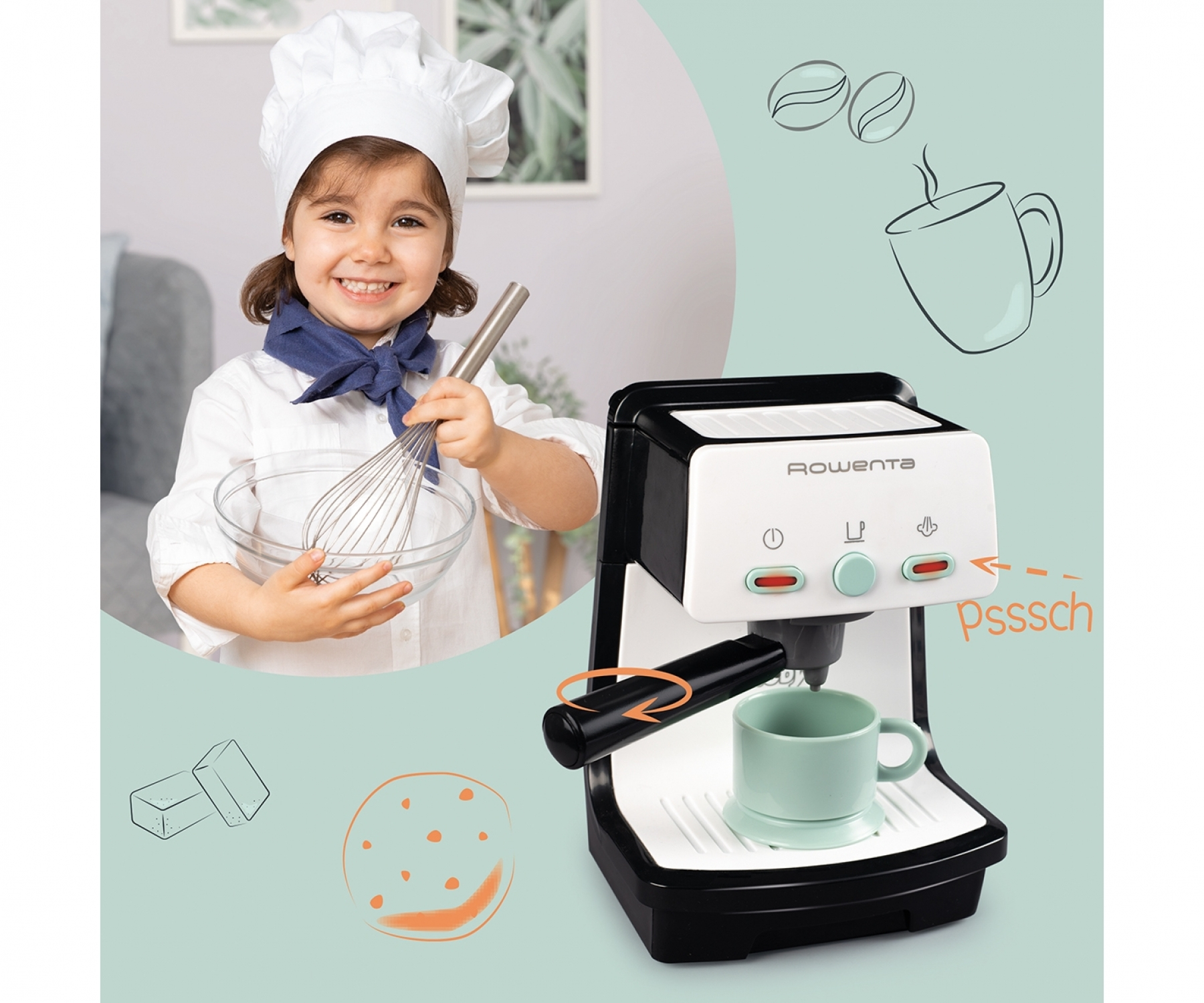Ein Kind in Kochuniform hält einen Schneebesen und eine Schüssel neben einer Spielzeug-Kaffeemaschine.