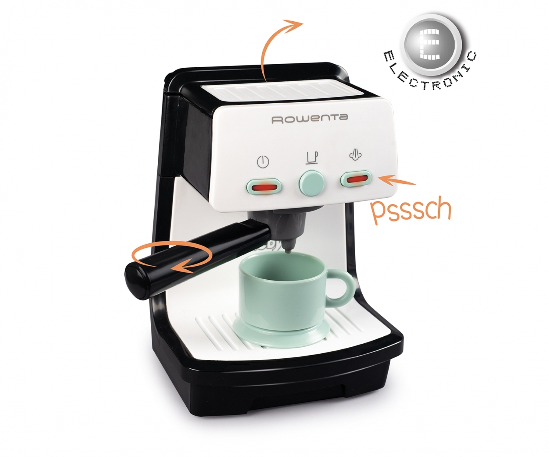 Eine Spielzeug-Espressomaschine in Schwarz und Weiß mit einem grünen Becher.