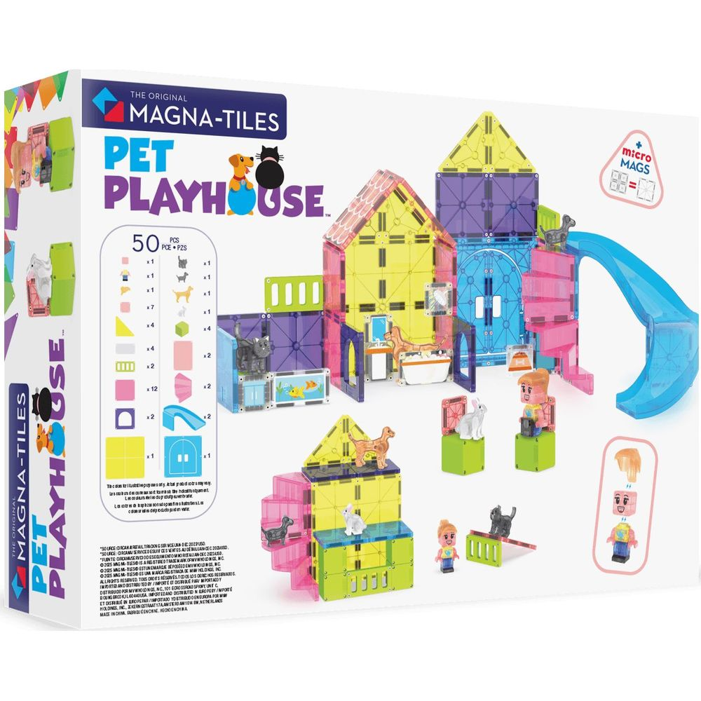 Magna-Tiles Pet Playhouse Bauspielzeug mit Figuren, Haustieren und Rutsche.