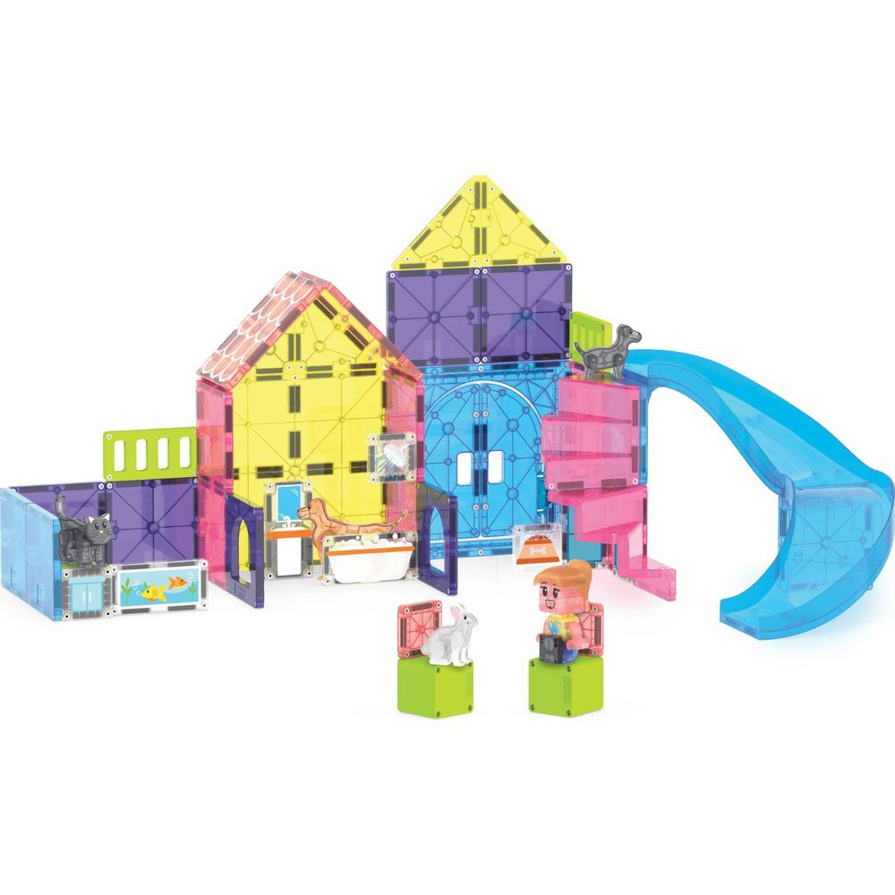 Ein buntes magnetisches Bauspielzeug-Set mit Häusern, Rutsche, Katzen, Hunden, Kaninchen und Menschen.