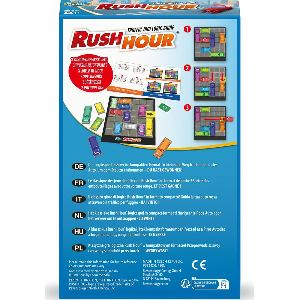 Caja del juego Rush Hour con coches, tablero y descripciones multilingües.