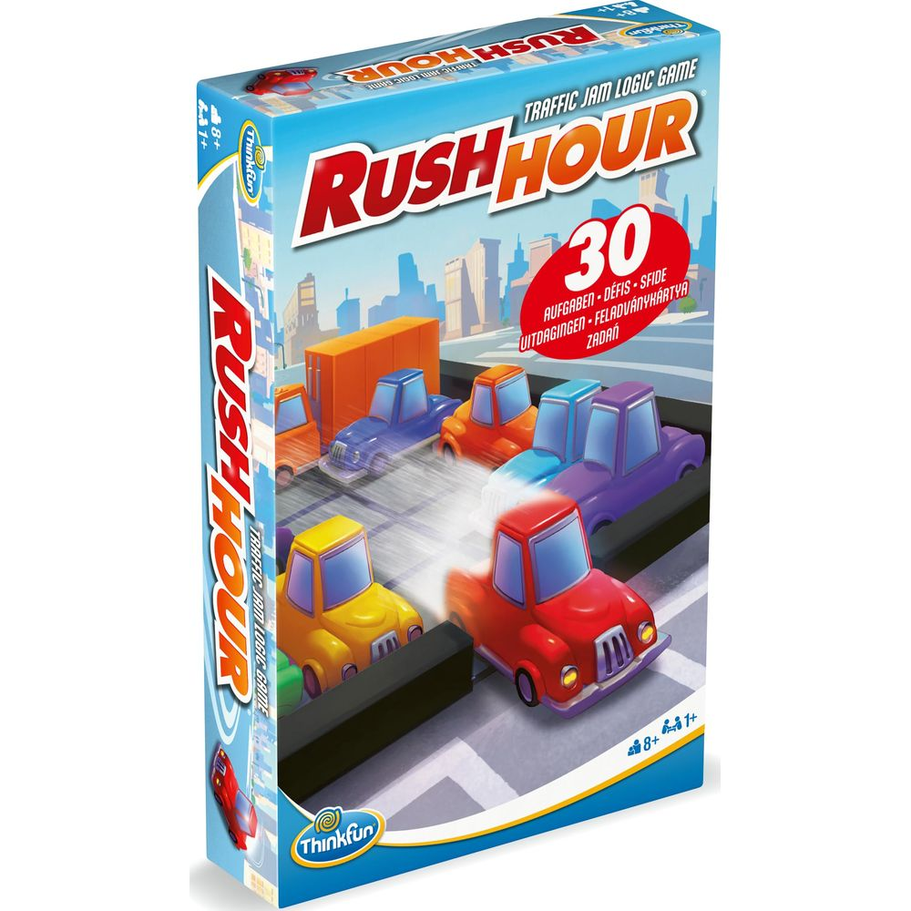 Caja del juego lógico Rush Hour con autos coloridos y el logo.