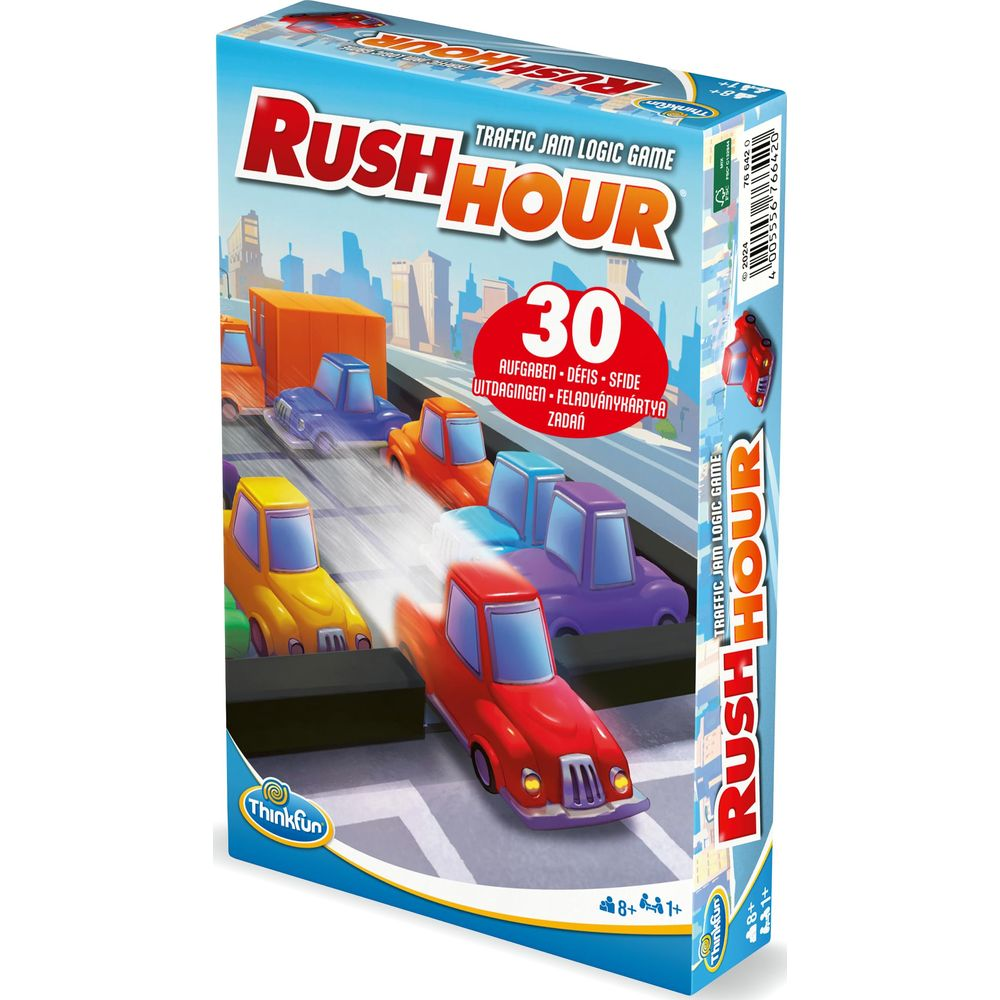 Caja del juego de lógica Rush Hour: coches coloridos atascados en tráfico urbano.