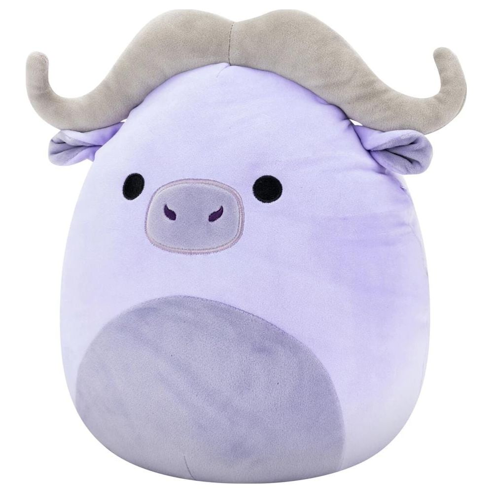 Un buffle en peluche violet avec des cornes et des oreilles grises.