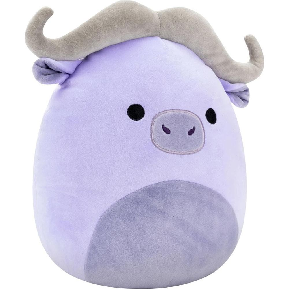 Peluche buffle lavande avec cornes et oreilles grises.