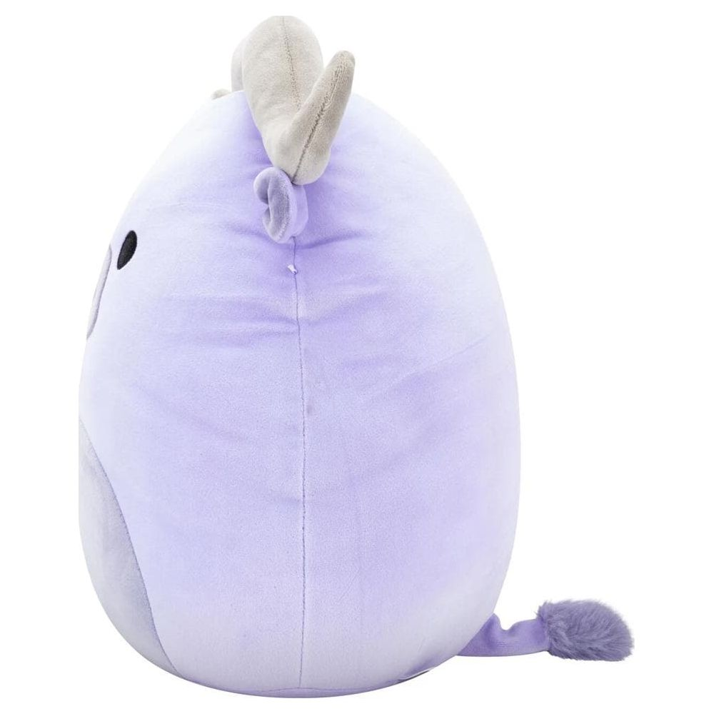 Un personnage en peluche violet avec des cornes gris clair et une queue.