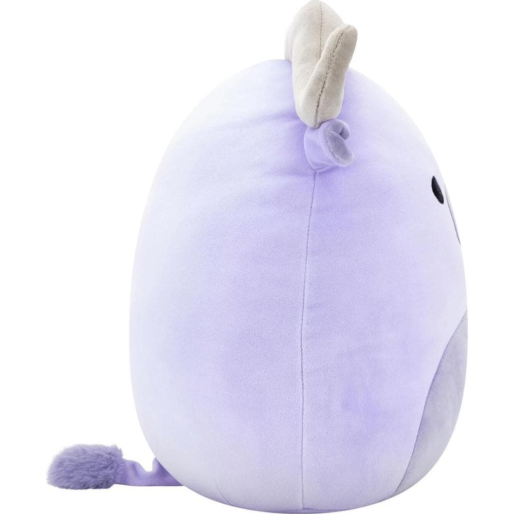 Une peluche lavande avec des cornes et une queue.