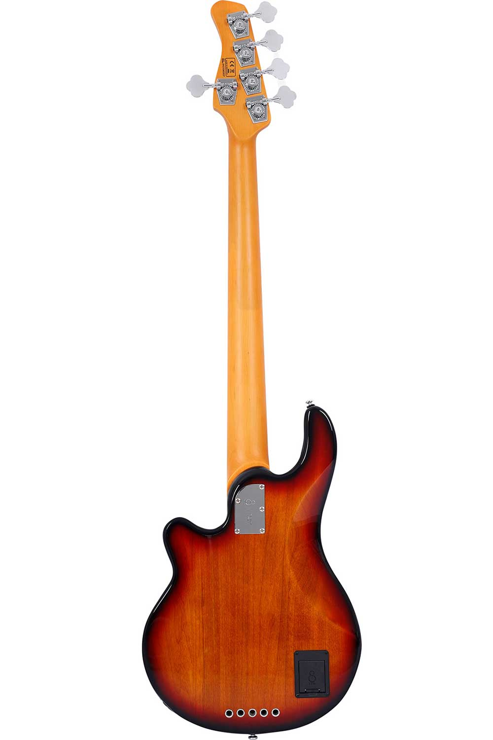 Beş akort burgusu olan kahverengi elektro bas gitar boynunun arka g¶r¼n¼mü.