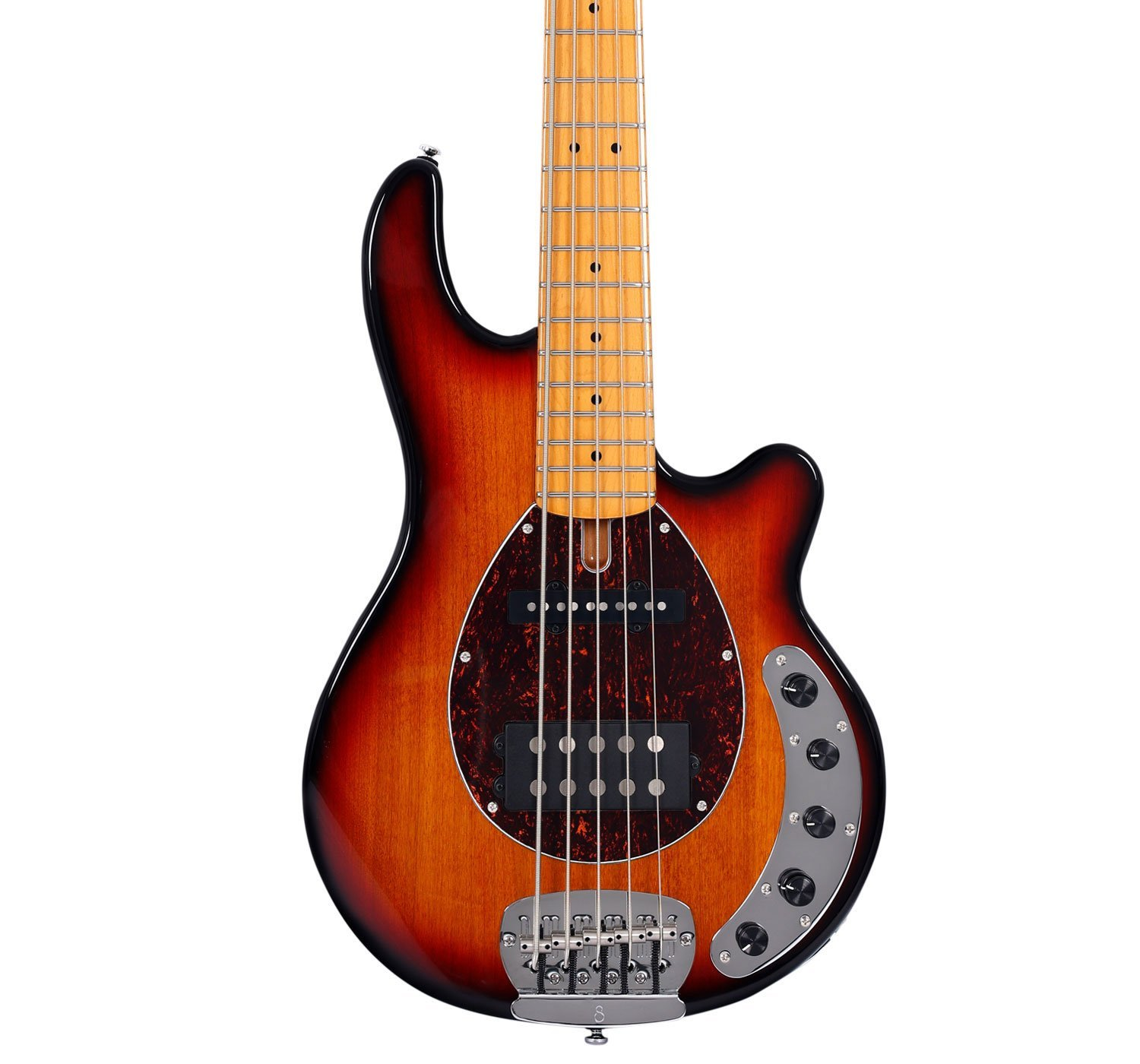 Akçaağaç saplı ve kaplumbağa desenli pena korumalı, güneş tutulması renkli elektro bas gitar.