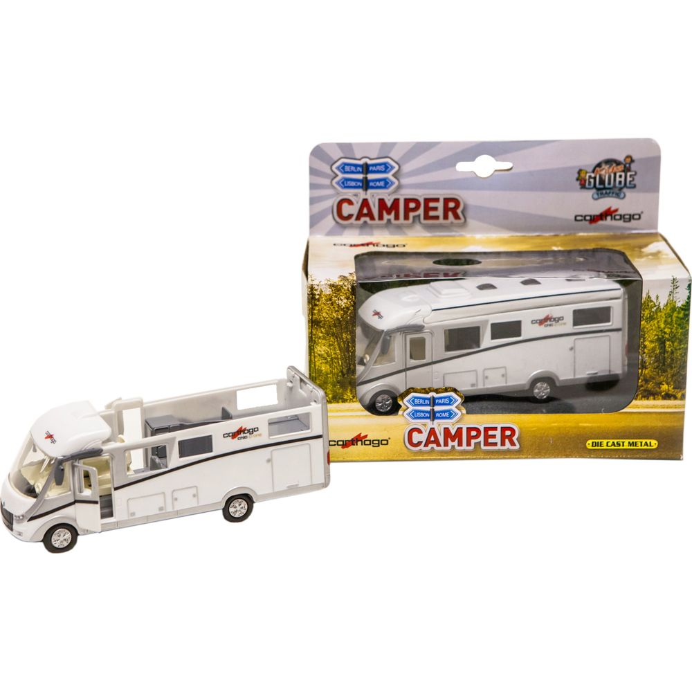 Ein weißes Camper-Spielzeugauto neben der Verpackung.