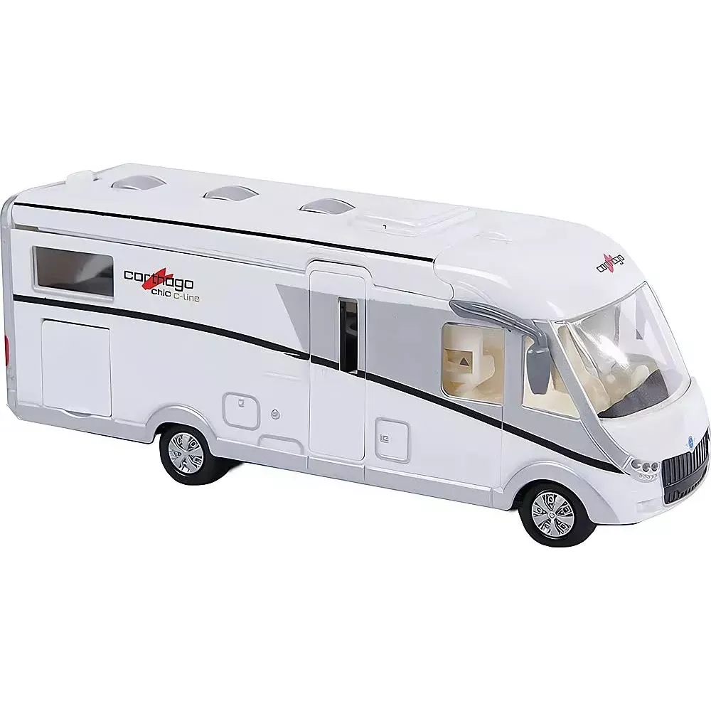 Ein weißer Wohnmobil-Spielzeug mit grauen Akzenten, auf weißem Hintergrund.