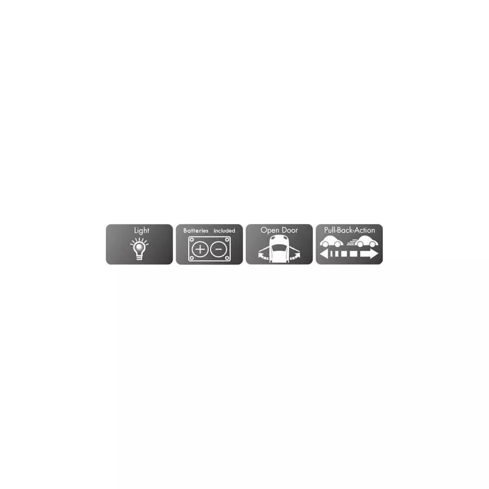 Symbole: Licht, Batterien enthalten, offene Tür, Rückziehfunktion.