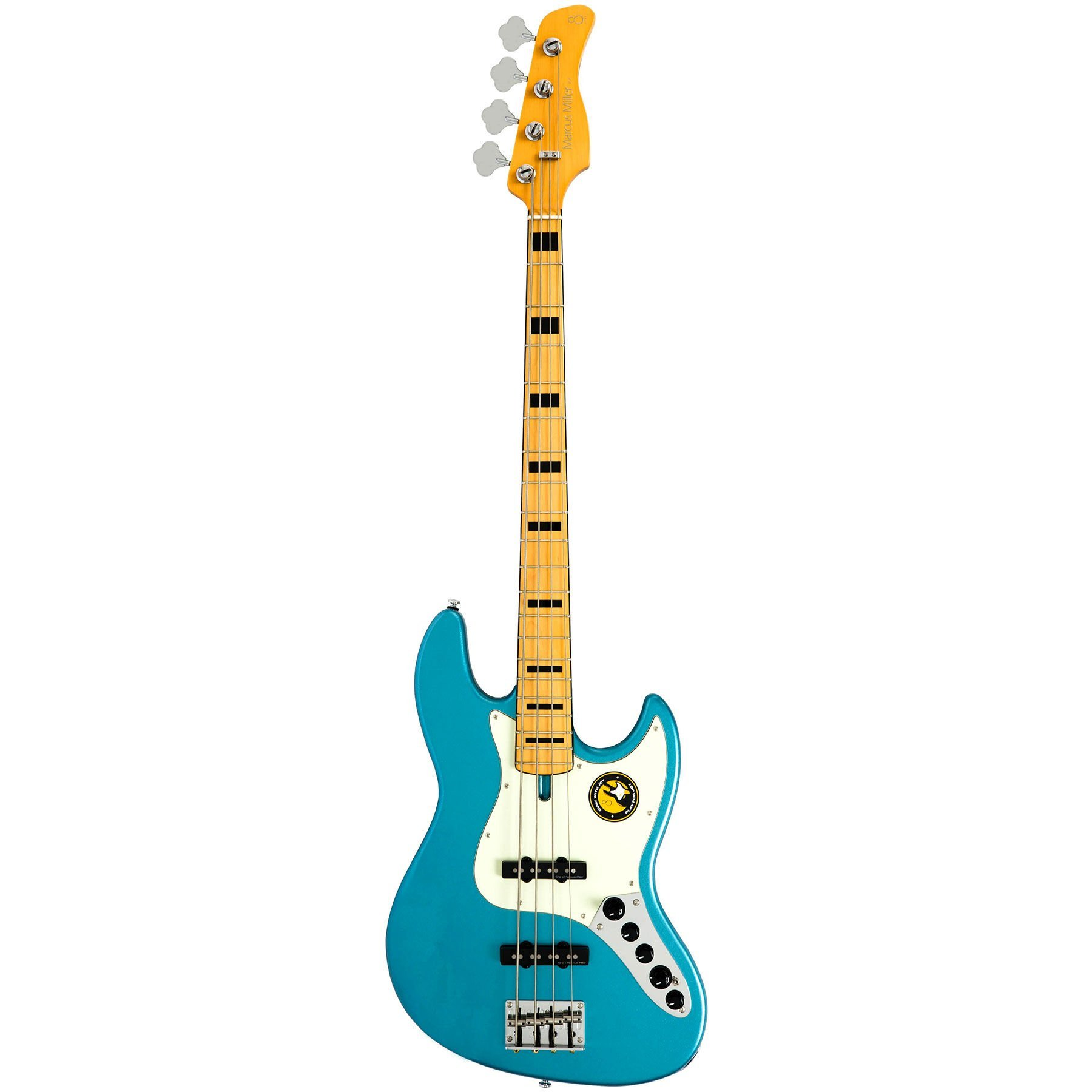 Beyaz pena korumalı ve sarışın saplı mavi elektro bas gitar.