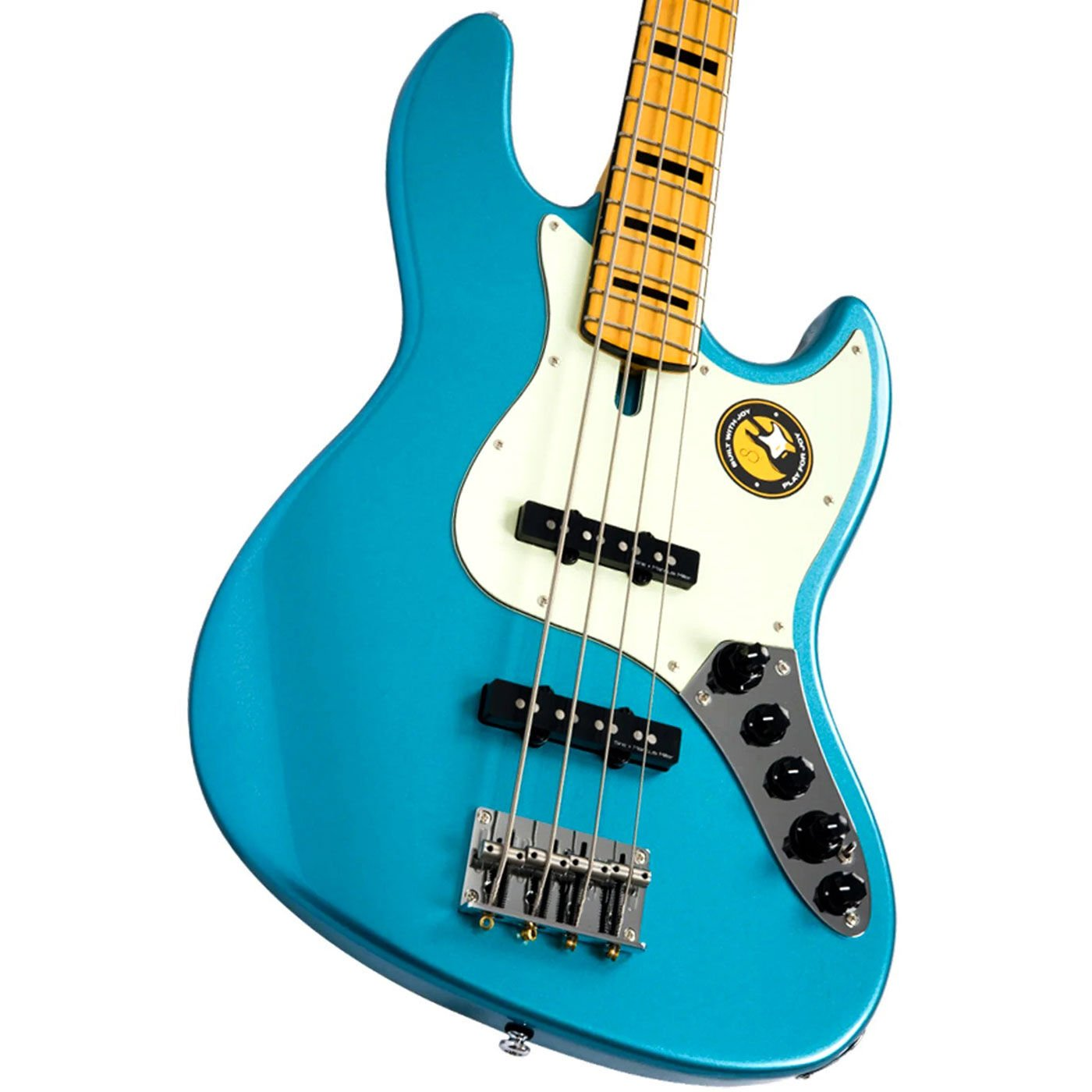 Beyaz pena korumalı ve sarı klavyeli mavi elektro bas gitar.