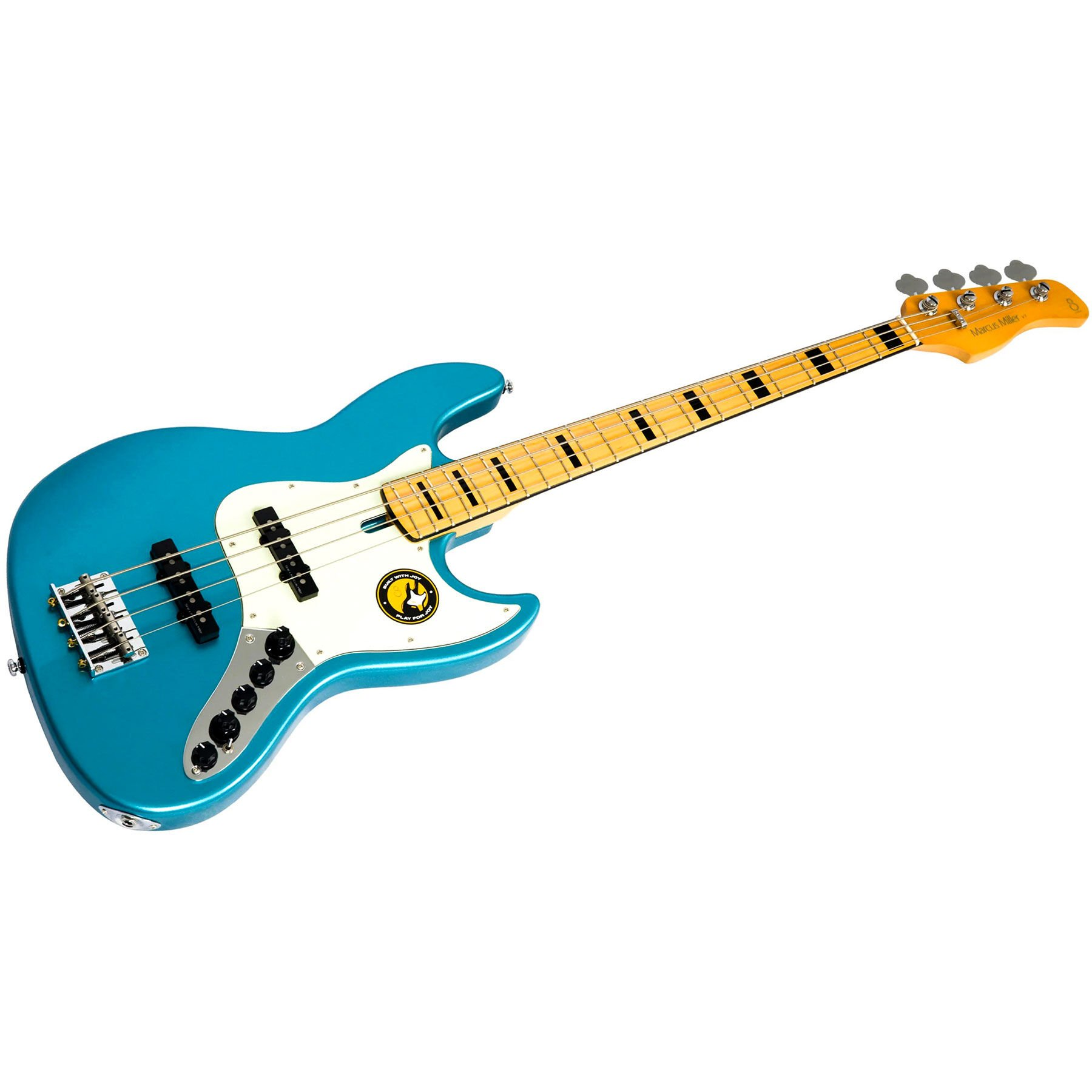 Açık renkli klavyeli ve gümüş donanımlı mavi elektro bas gitar.