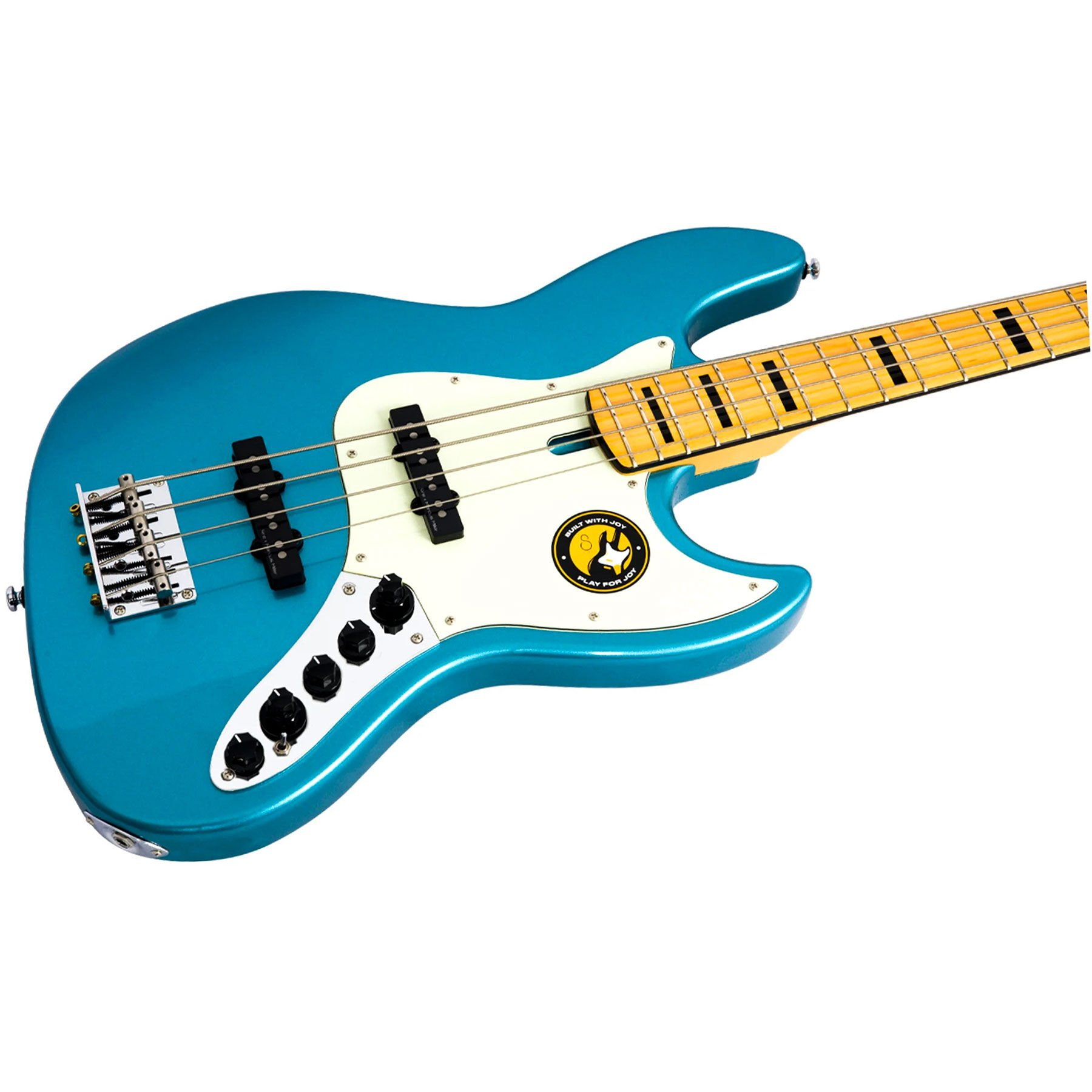 Beyaz pena korumalı ve sarı klavyeli turkuaz bas gitar.