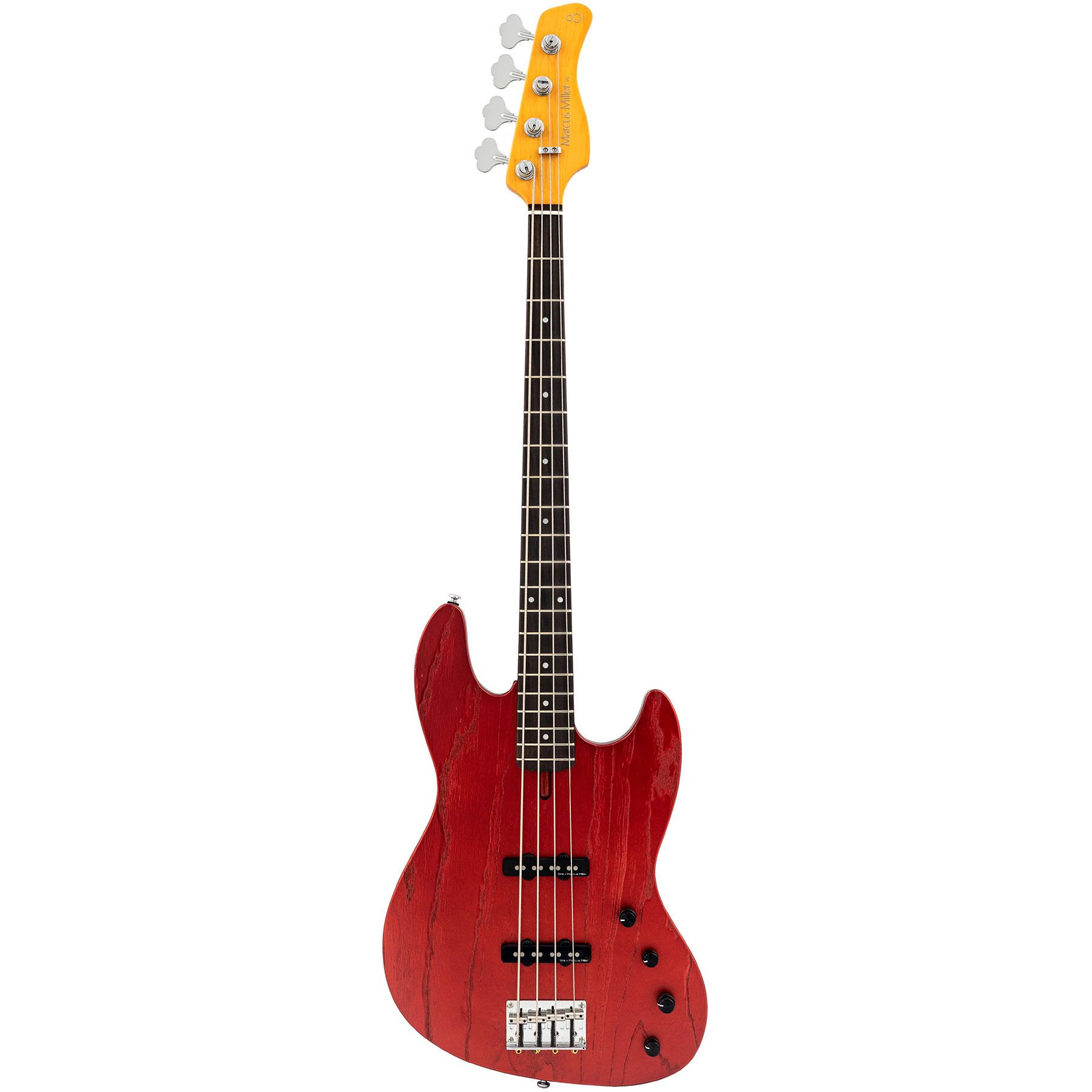 Sarı saplı, dört telli kırmızı elektro bas gitar.