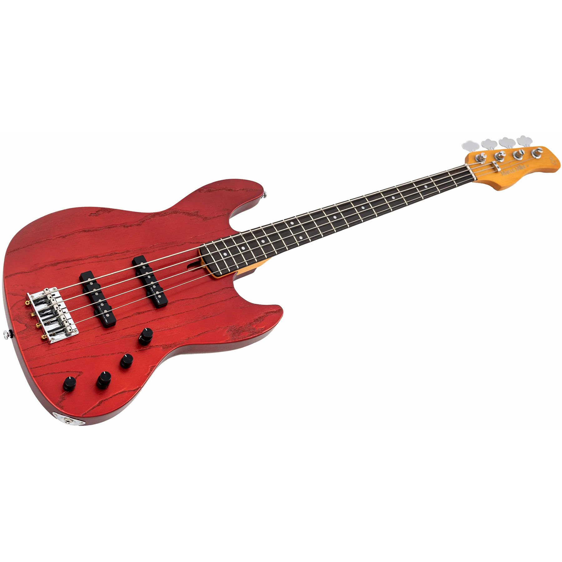 Dört telli kırmızı elektro bas gitar, krom donanım ve siyah elektronik.