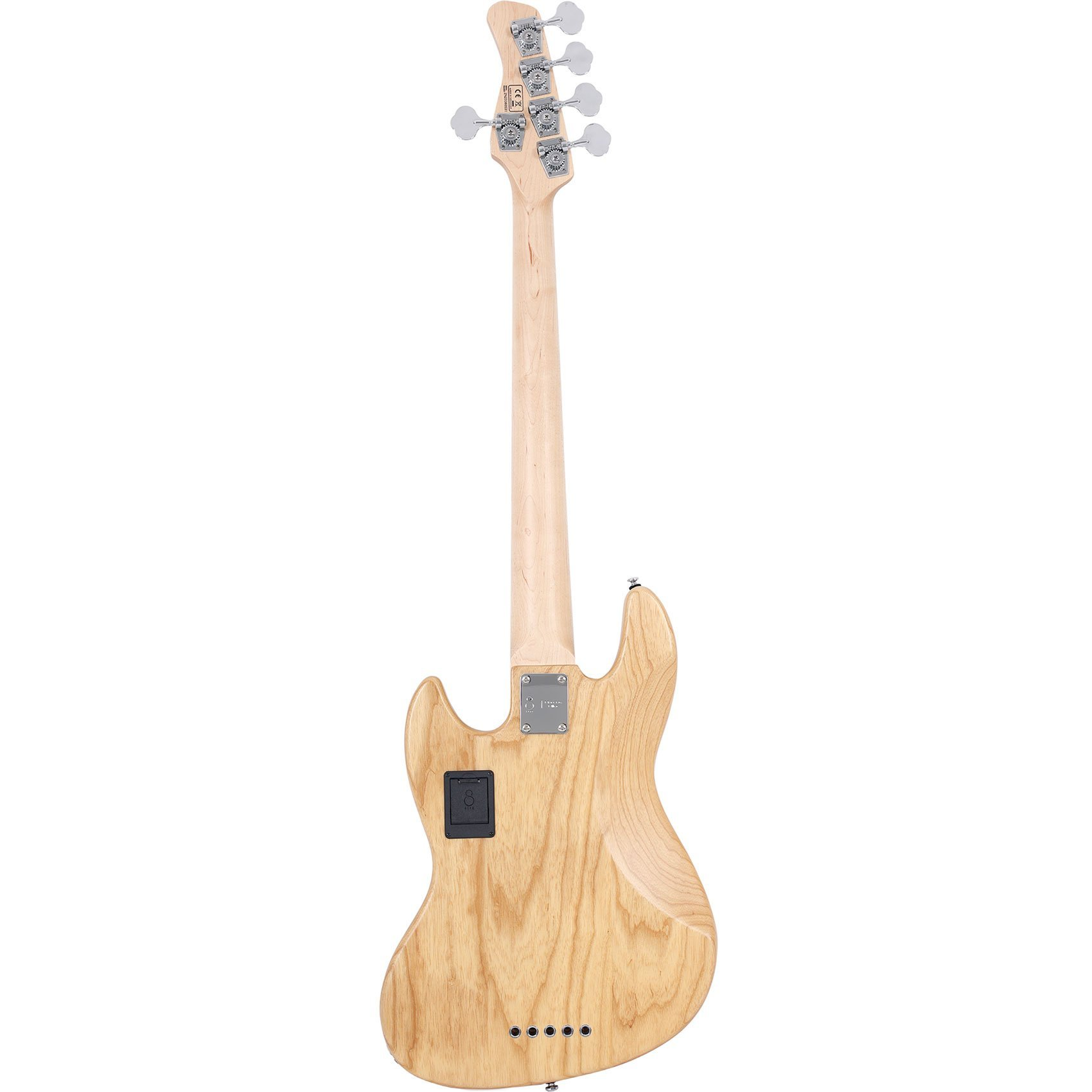 Açık renk ahşap bas gitar sapının arkası, burgular ve gövde.