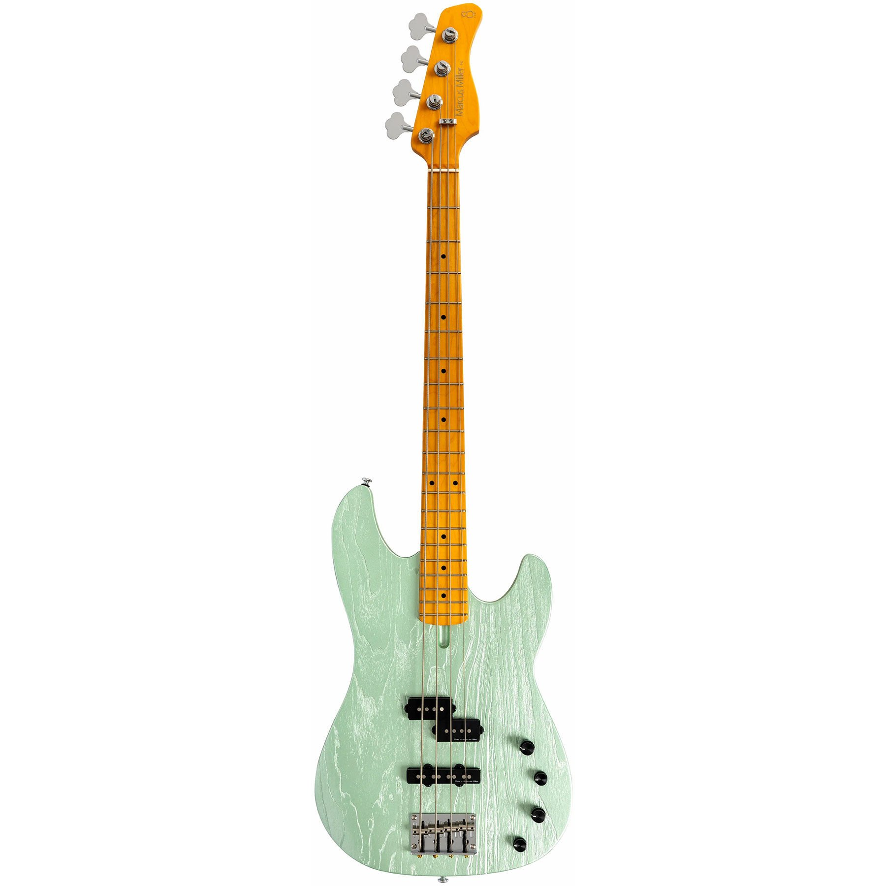 Açık ahşap klavyeli ve gümüş burgulu, açık yeşil bas gitar.