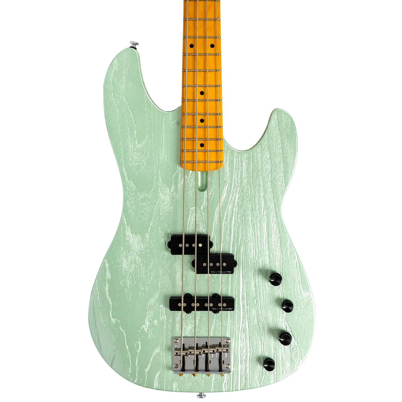Sarı klavyeli ve siyah manyetikli açık yeşil bas gitar.