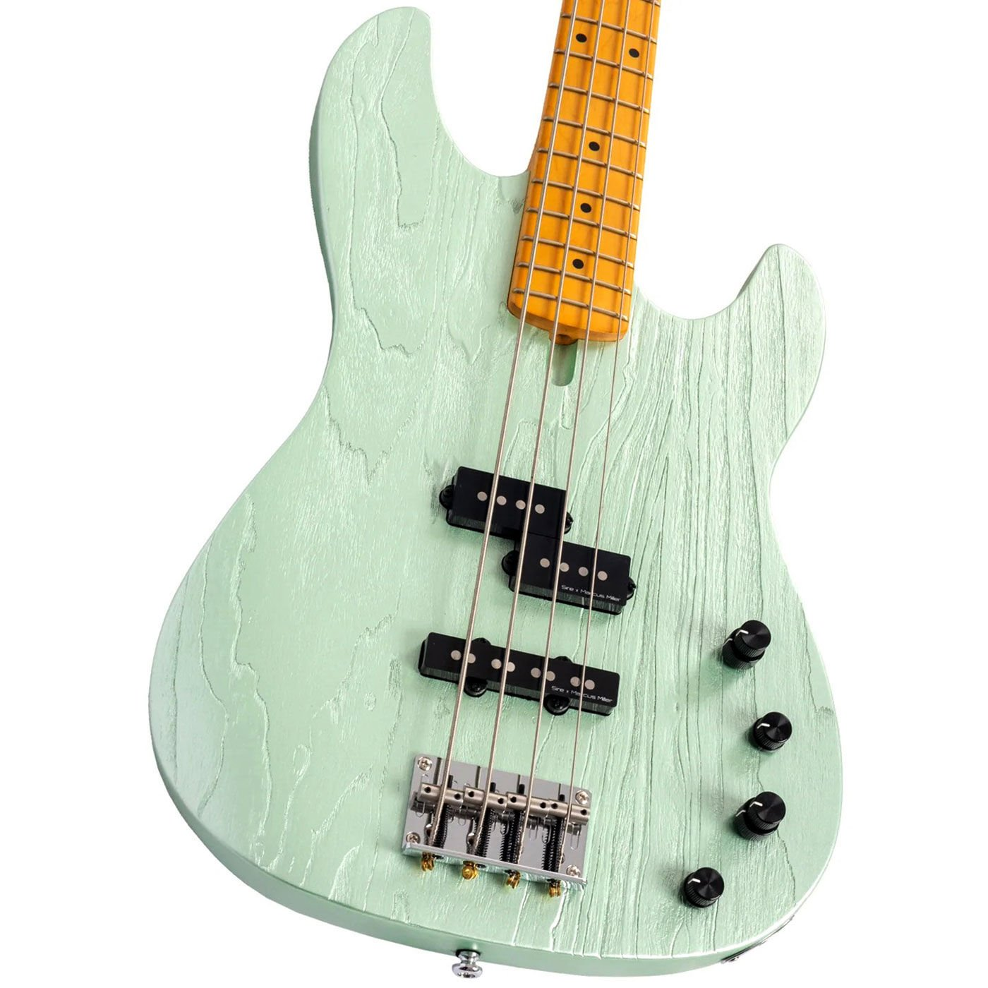 Sarı klavyeli açık yeşil bas gitar, yakın çekim.