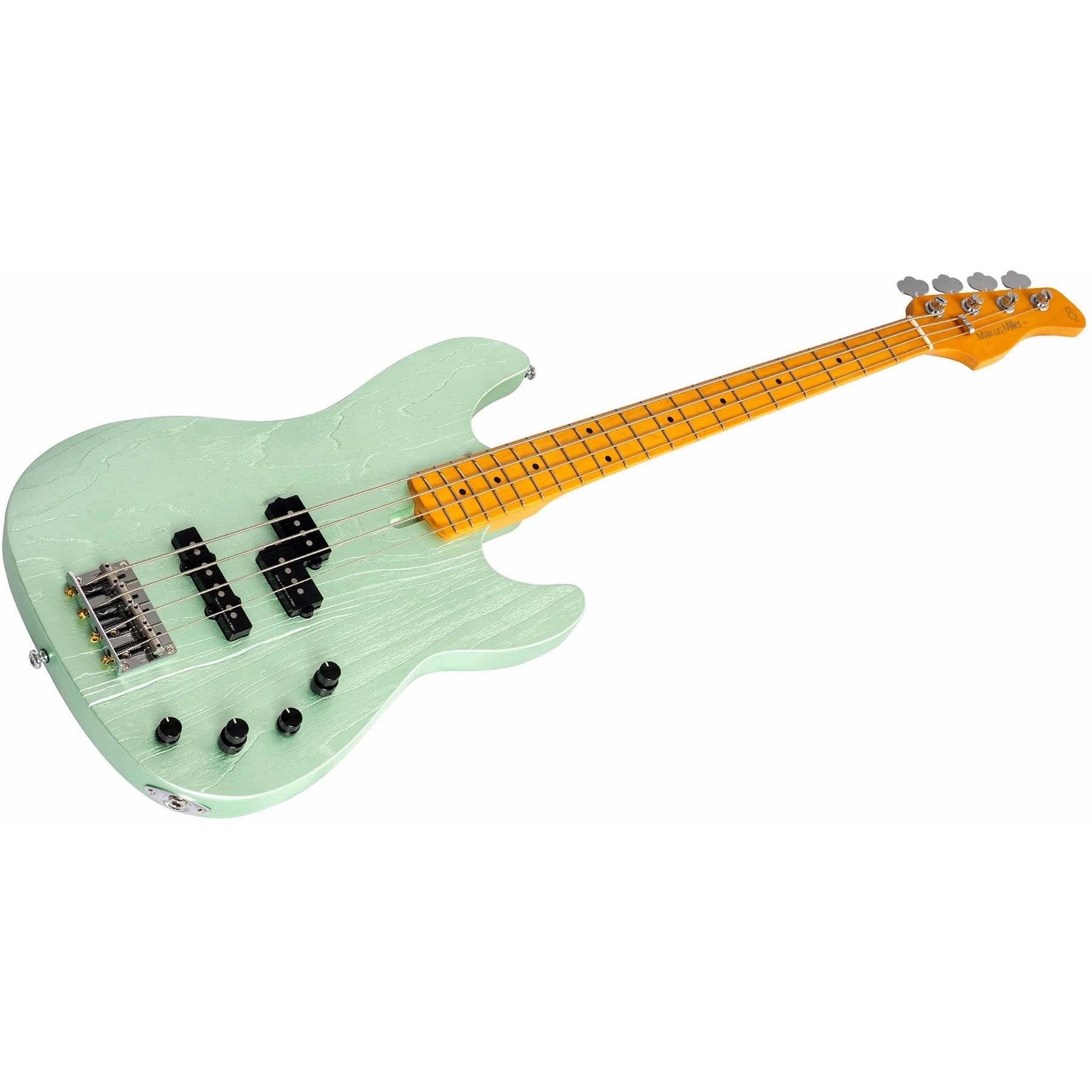 Sarı klavyeli ve siyah manyetikli açık yeşil elektro bas gitar.