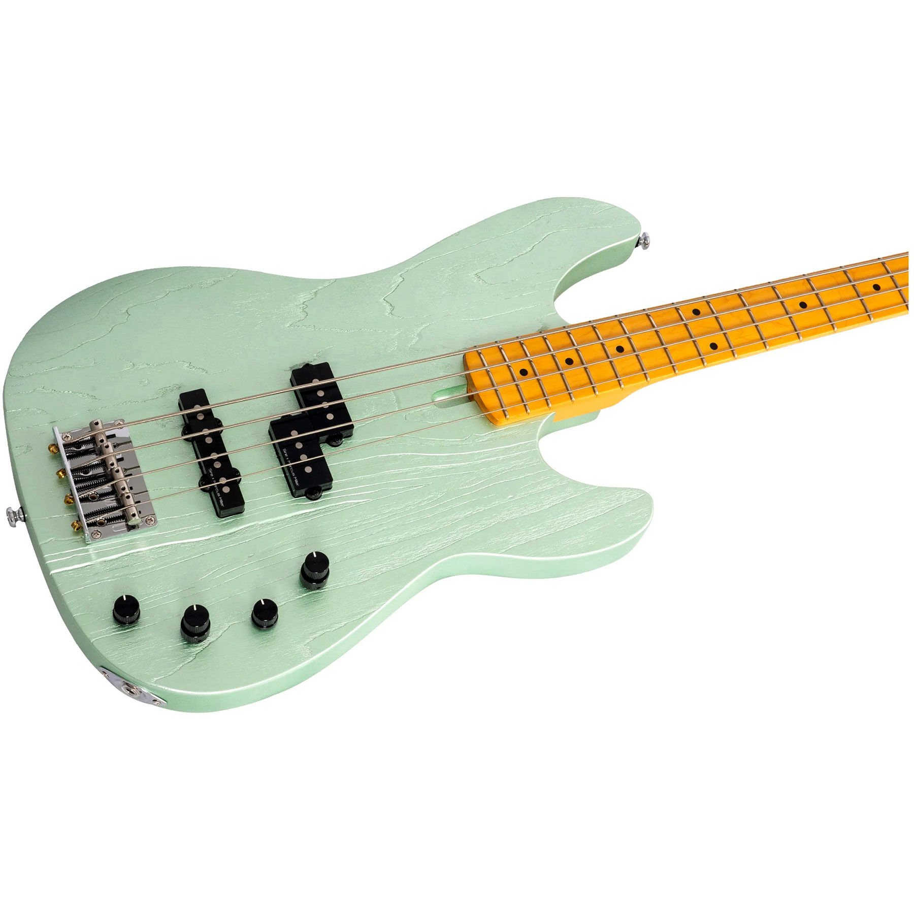 Sarı klavyeli ve siyah manyetikli açık yeşil bas gitar.