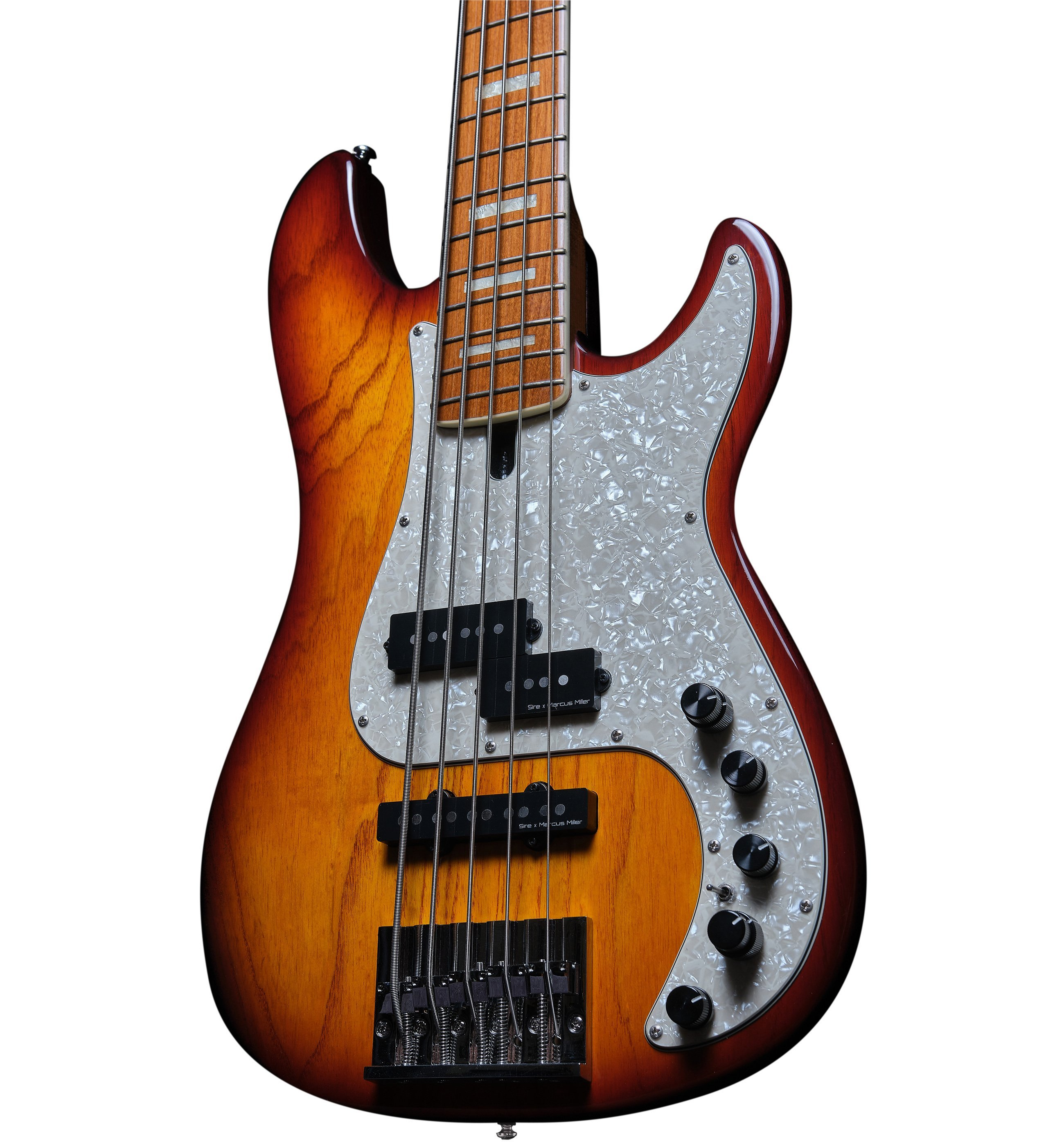Sedefli pickguardlı ve siyah manyetikli kahverengi bas gitar.