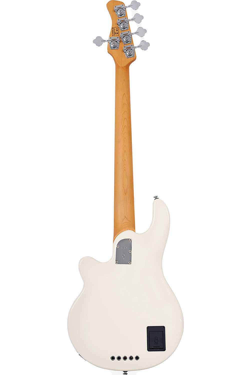 Açık renk ahşap saplı ve kafalı, beş akort burgulu beyaz bir elektro bas gitarın arka görünümü.