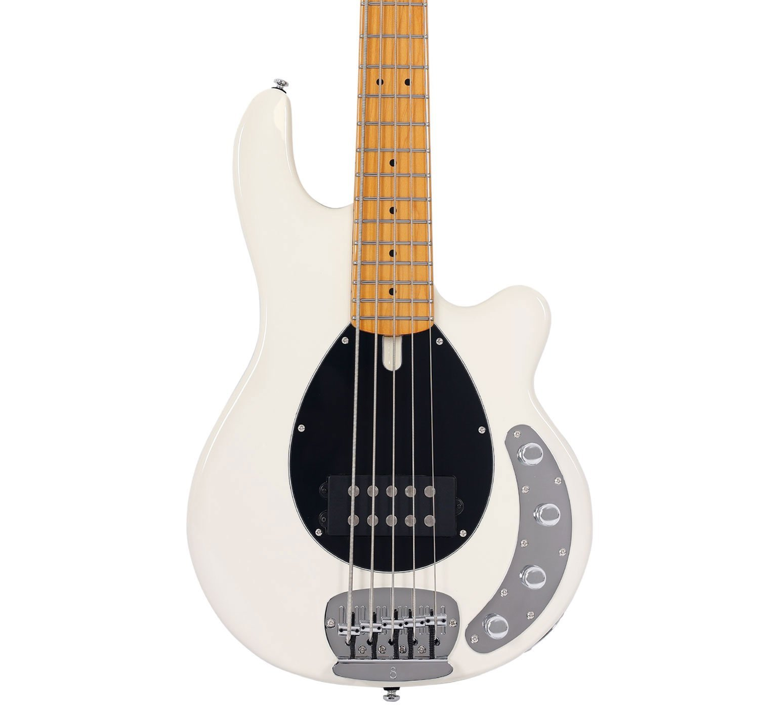 Siyah pena korumalı, beş telli beyaz elektro bas gitar, açık renkli zeminde.