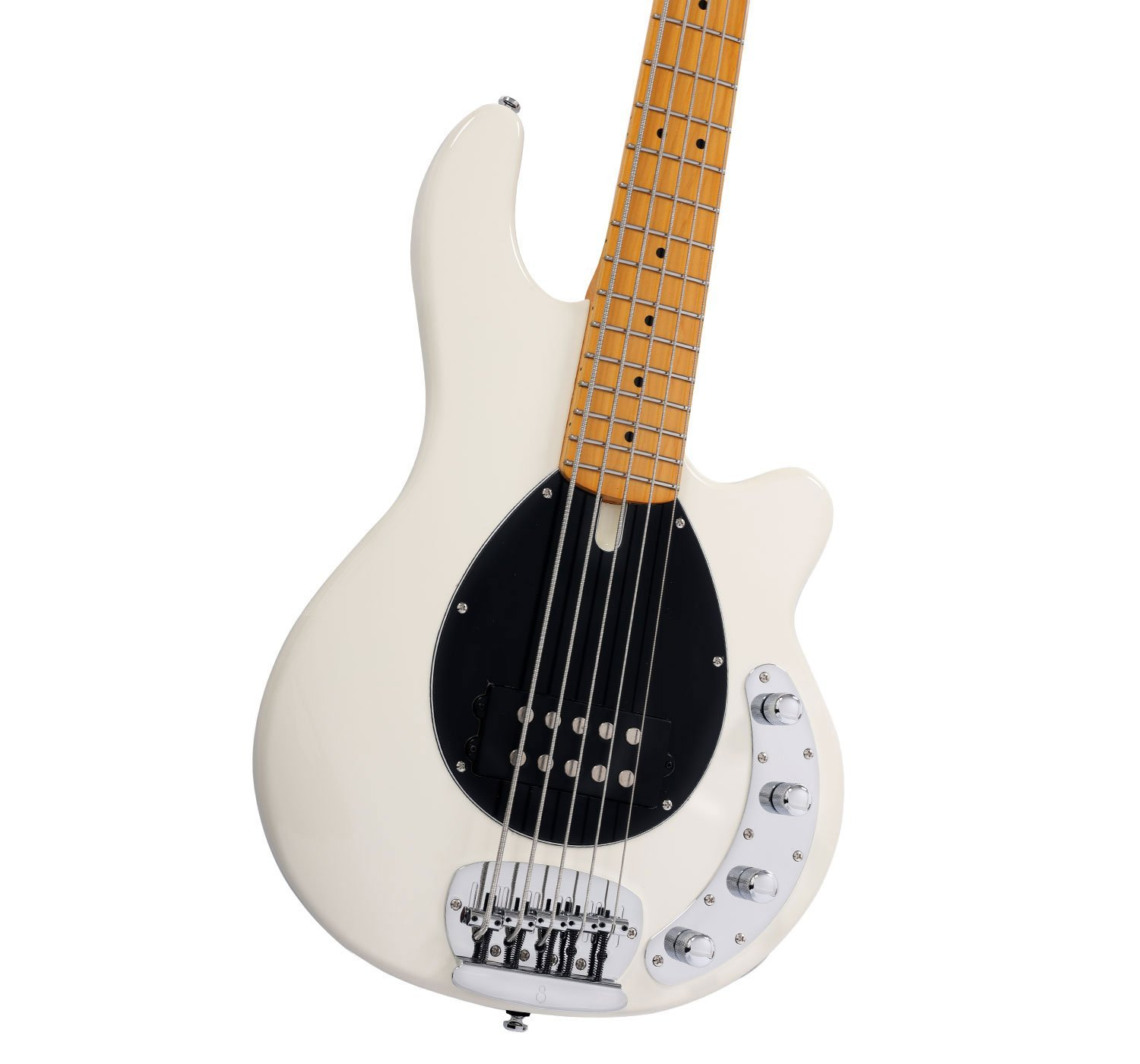 Siyah pena korumalı, akçaağaç saplı, krom donanımlı beyaz bas gitar.