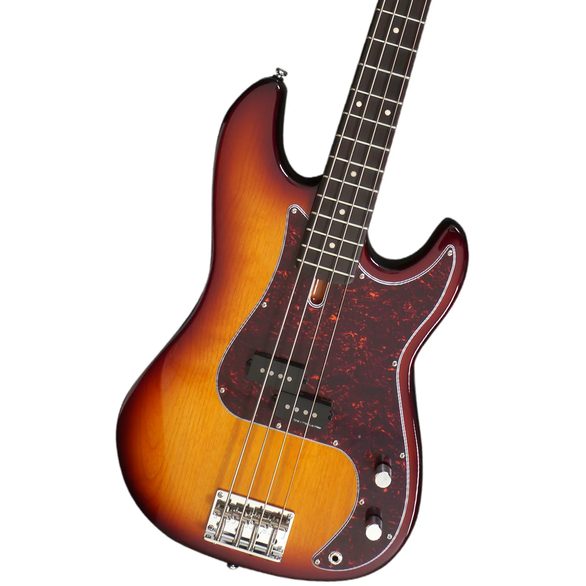 Kaplumbağa kabuğu desenli pena ile güneşte renk değiştirmiş bas gitar.
