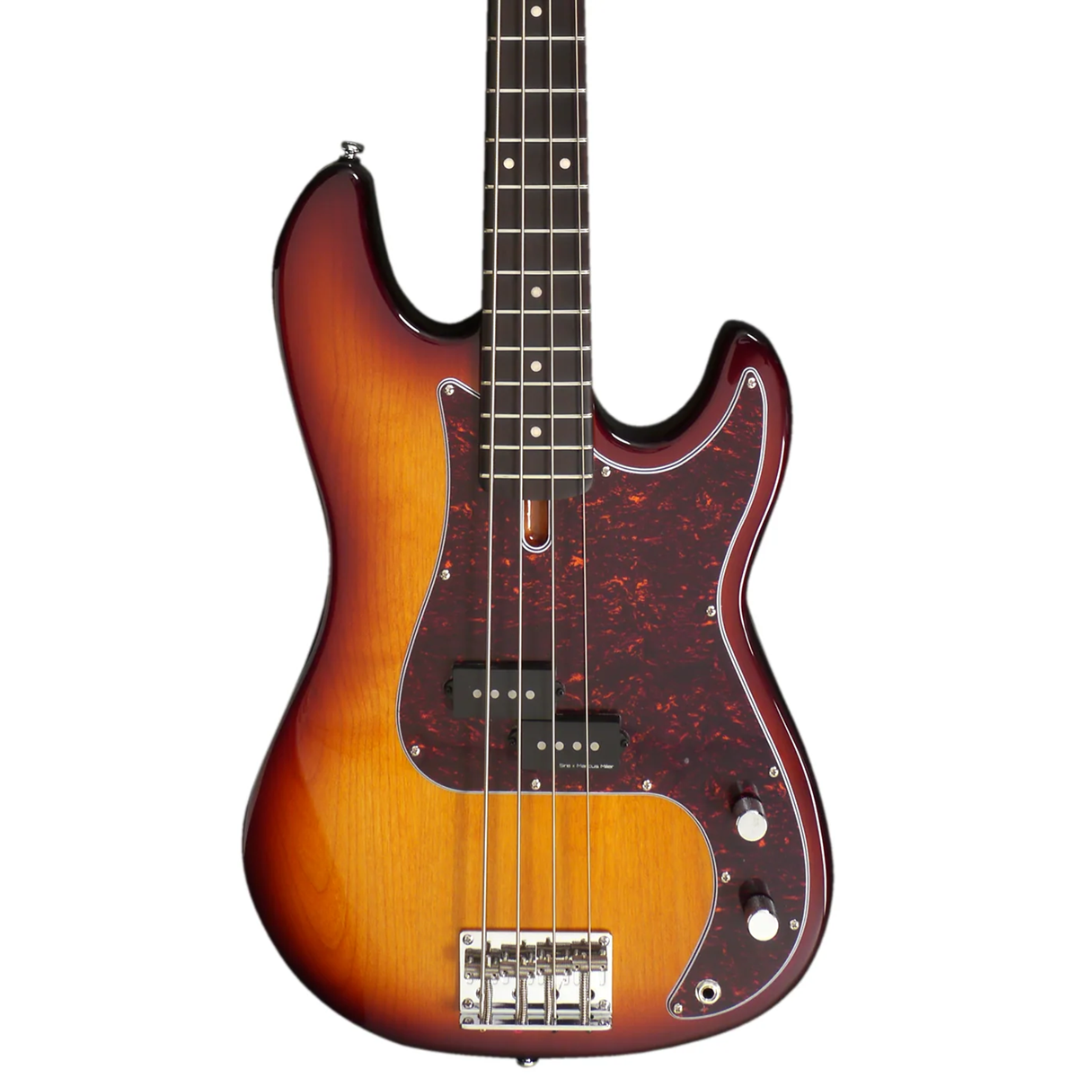 Kaplumbağa kabuğu pickguardlı ve krom donanımlı sunburst bas gitar.