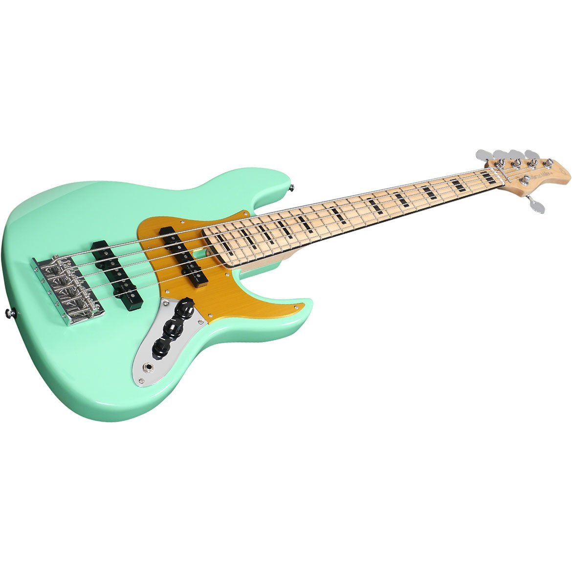 Altın pickguard ve gümüş donanıma sahip nane yeşili bas gitar.