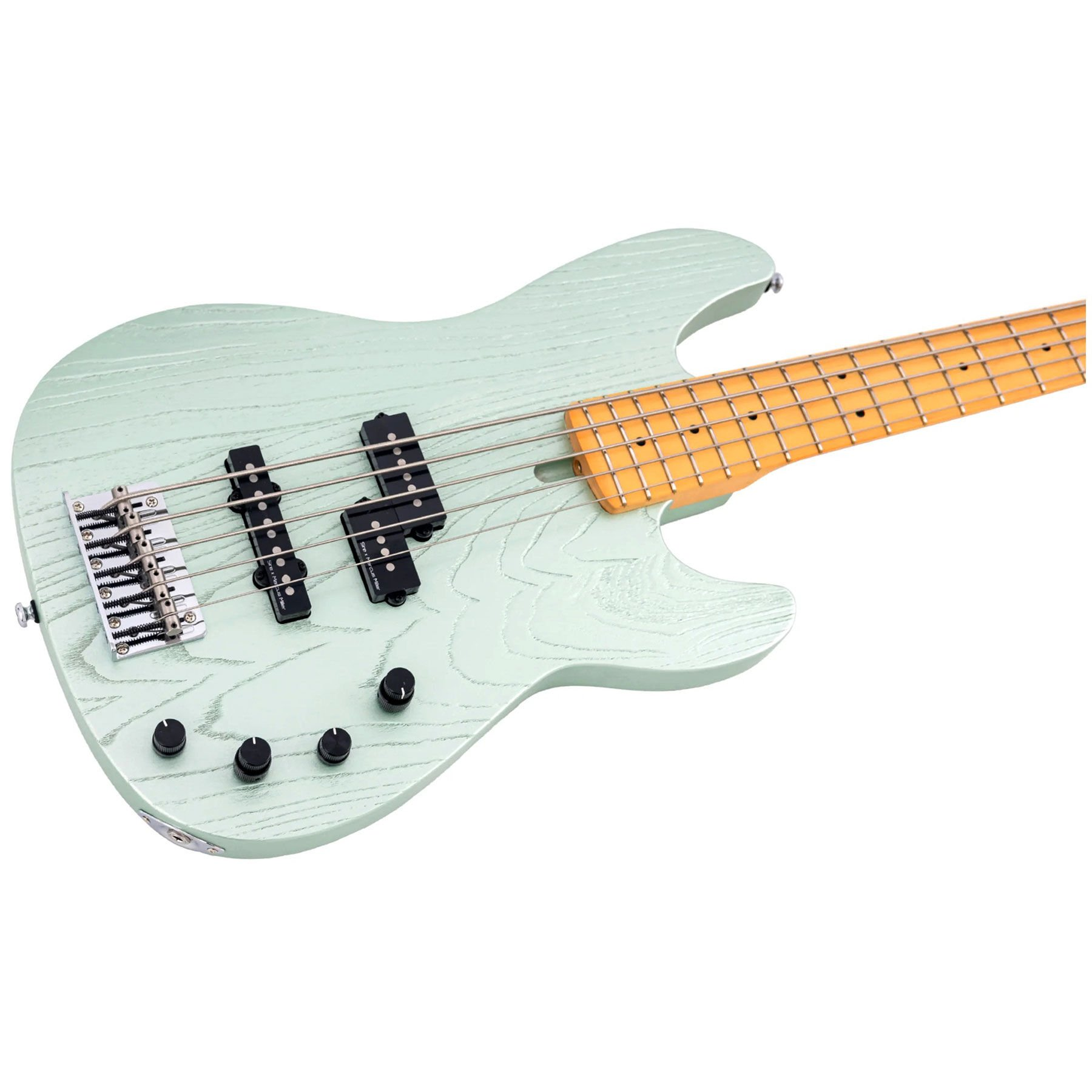 Akçaağaç saplı, siyah manyetikli ve düğmeli açık yeşil bas gitar.