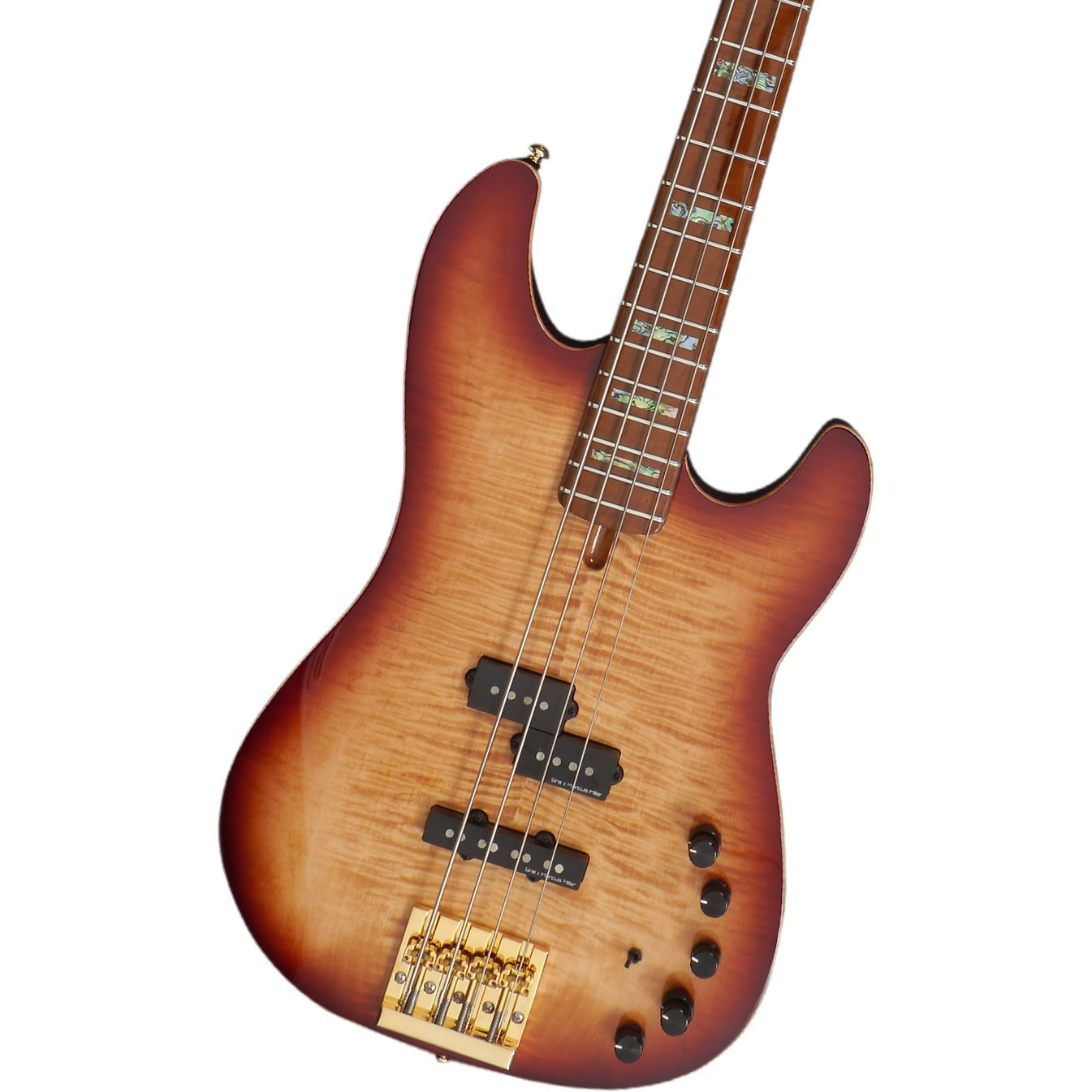 Sunburst kaplamalı ve altın donanımlı elektro bas gitar. Klavyesinde kakmalar bulunur.