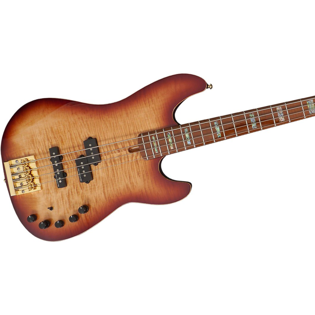 Altın donanımlı ve alevli ahşap kaplamalı kahverengi elektro bas gitar.