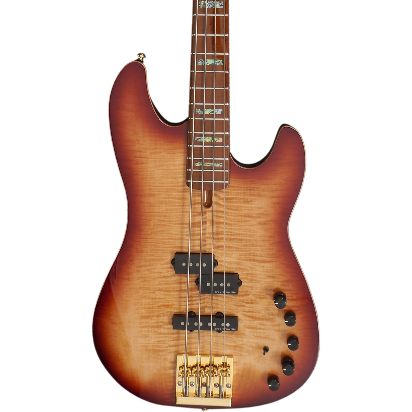 Alev desenli kahverengi elektro bas gitar, altın donanım ve kakmalara sahip.