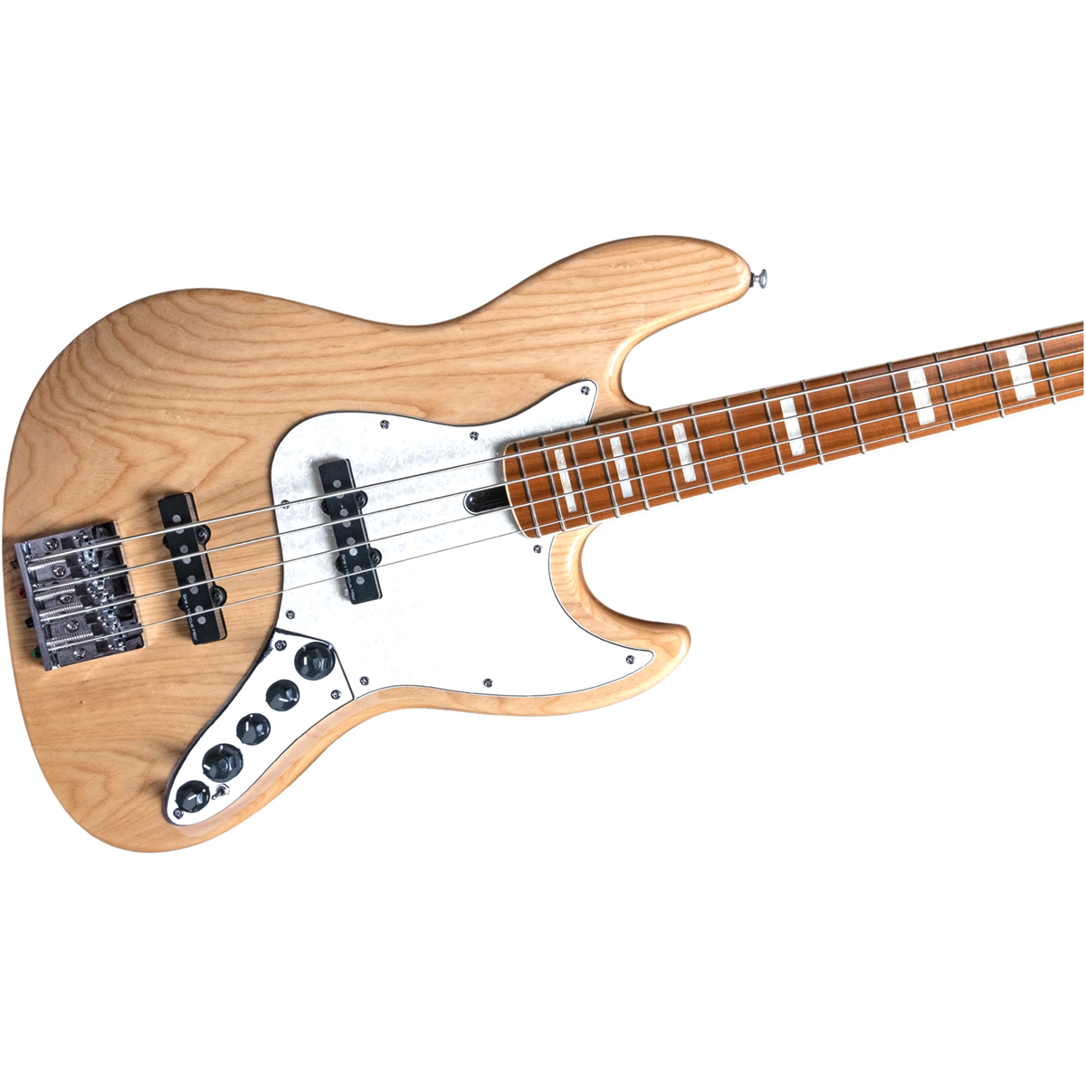 Beyaz pena korumal<lt/>unknown<gt/> ve krom donan<lt/>unknown<gt/>mlara sahip a<lt/>unknown<gt/><lt/>unknown<gt/>k renkli ah<lt/>unknown<gt/>p bas gitar.