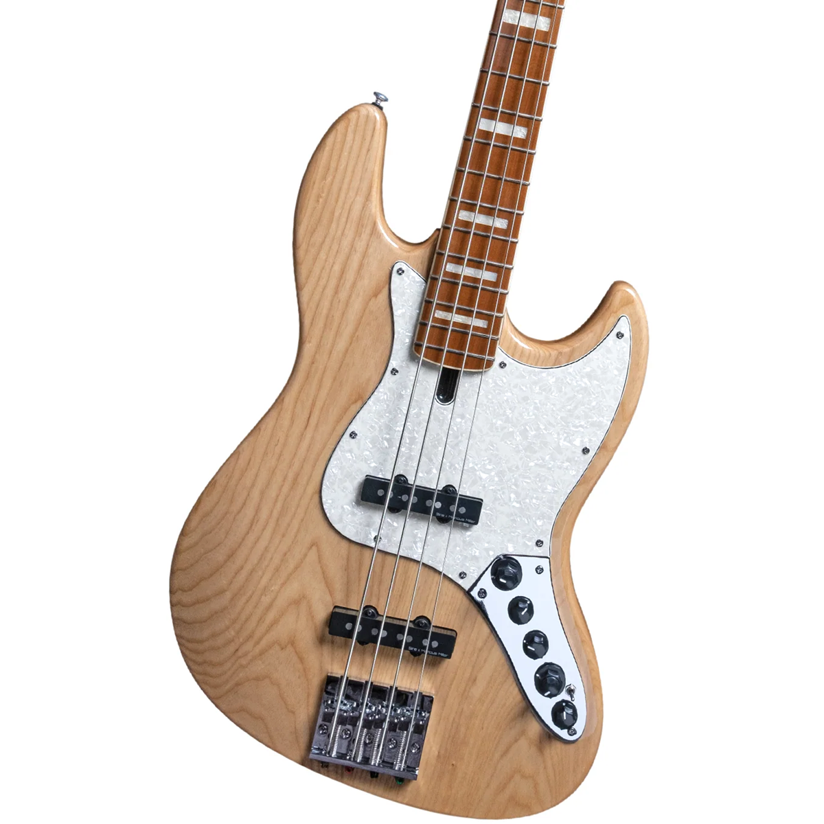 Beyaz perdeli, siyah manyetikli ahşap bas gitar sapı.