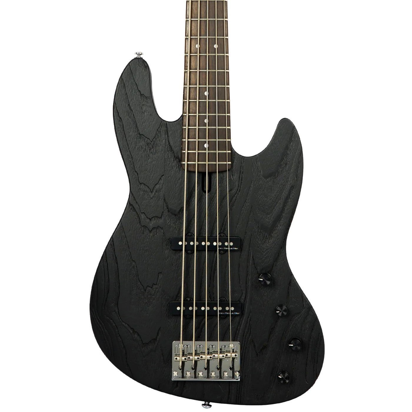 Dört telli, gümüş donanımlı, ahşap damarlı siyah elektro bas gitar.