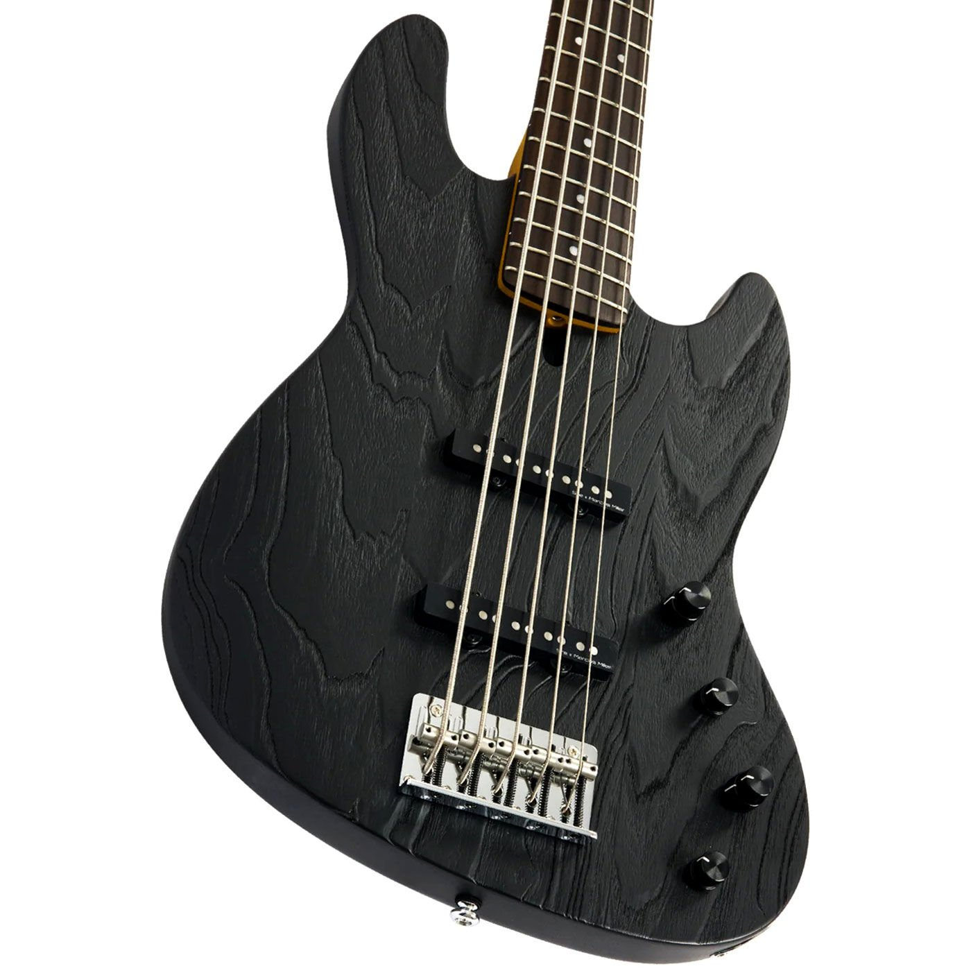 Ahşap damarlı siyah 5 telli bas gitar, krom donanımlı.