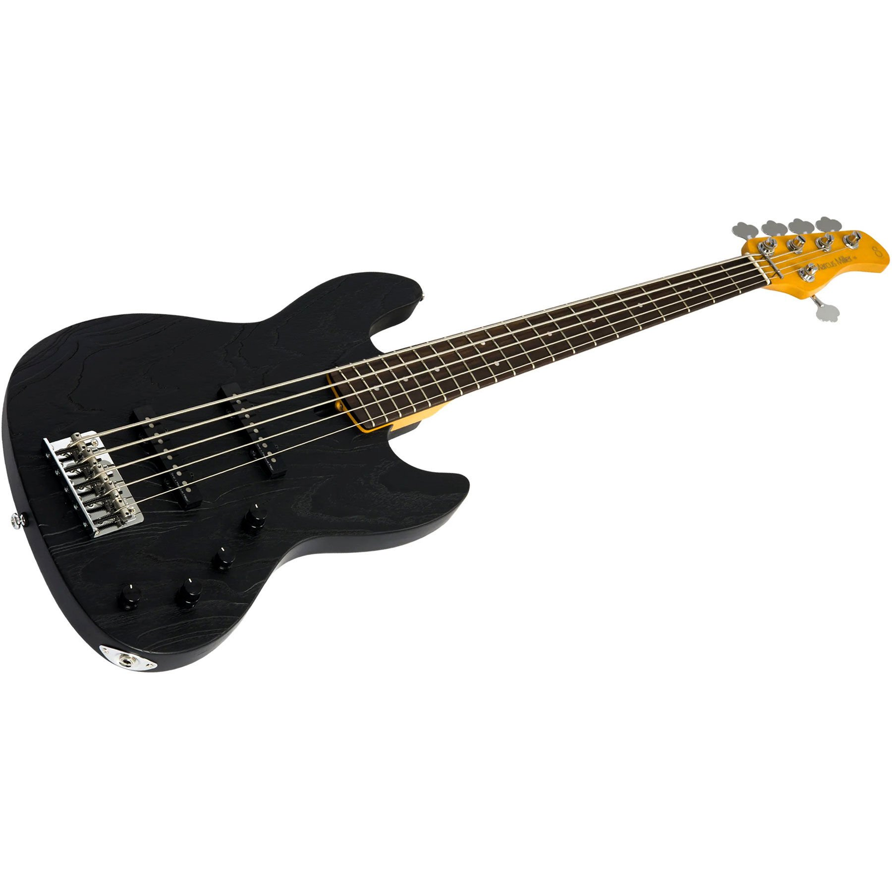 Sarı saplı siyah 5 telli elektro bas gitar beyaz zeminde.