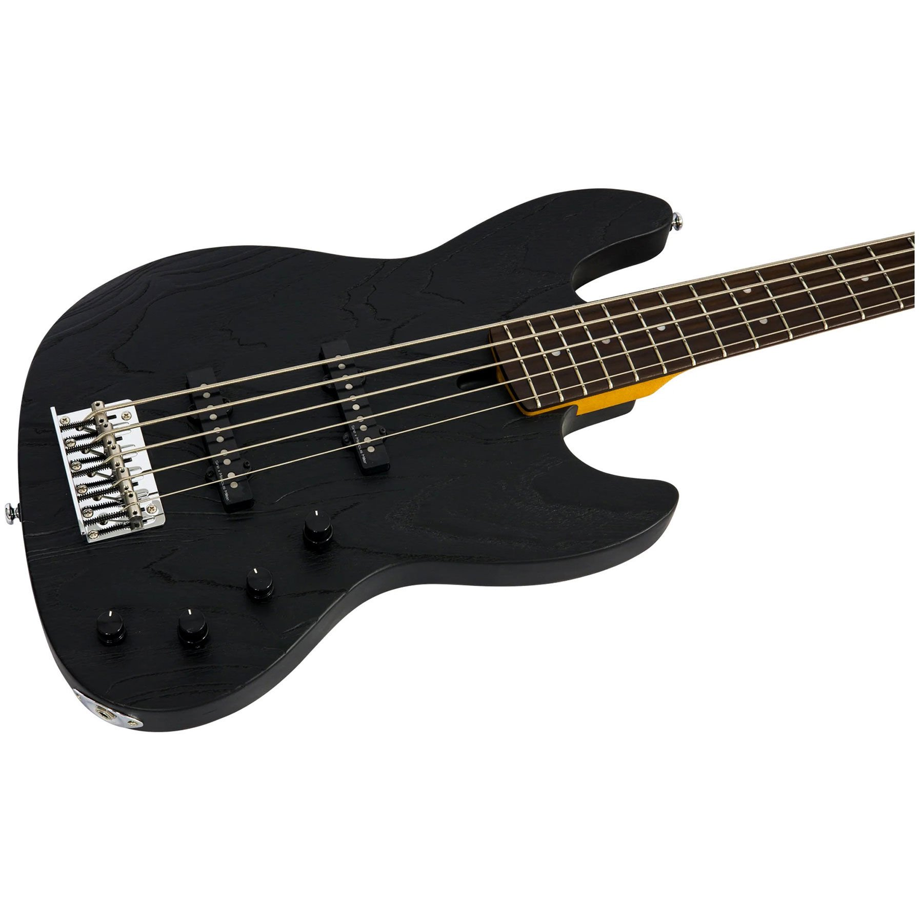 Gümüş köprülü ve sarı klavye detaylı siyah 5 telli bas gitar.